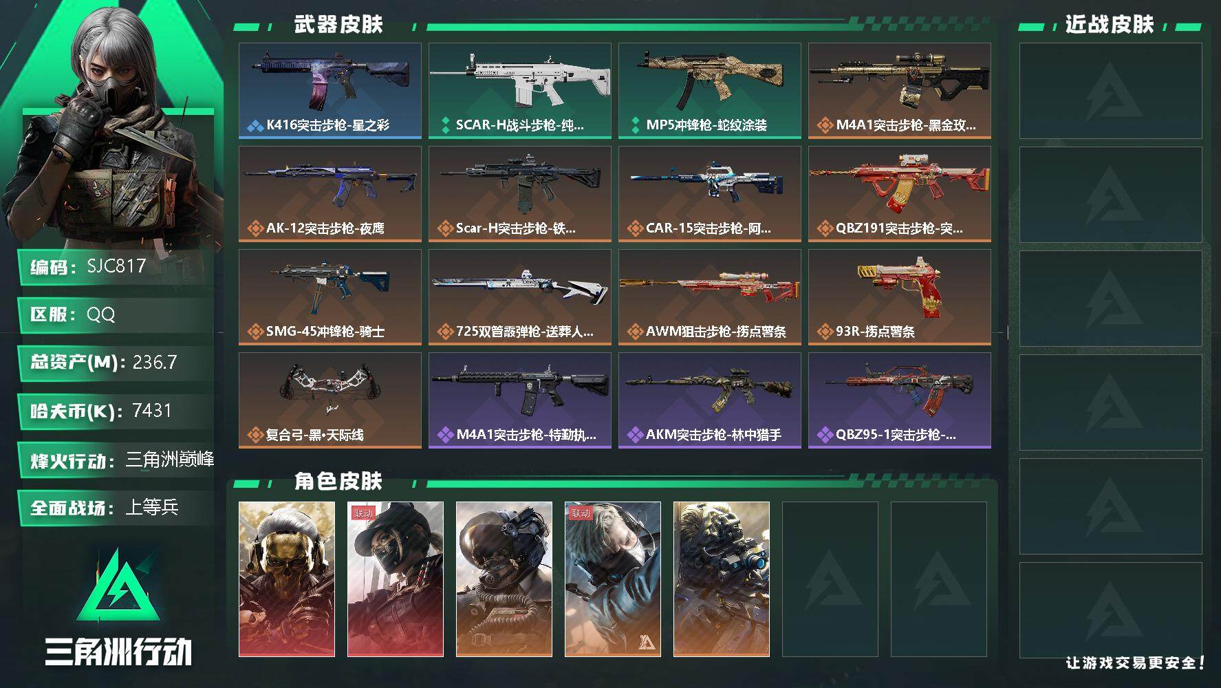 三角洲行动账号QQ【SJC817】总资产(M)：236.7M/哈夫币(K)：7431K/哈夫币(K)：7431K/全面战场等级：22_段位：上等兵/烽火地带等级：60_段位：三角洲巅峰/红狼-蚀金玫瑰/露娜-黑·天际
