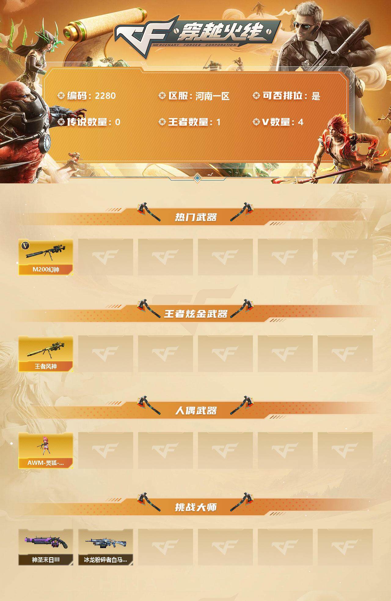 穿越火线账号北部战区河南一区【商品标题】：河南一区-4V-1王者-0炫金
【热门武器】：M200-幻神
【王者炫金武器】：王者风神
【人偶武器】：AWM-灵狐-15周年嘉年华
【挑战大师】：神圣爆裂者-末日III，冰龙粉碎者-