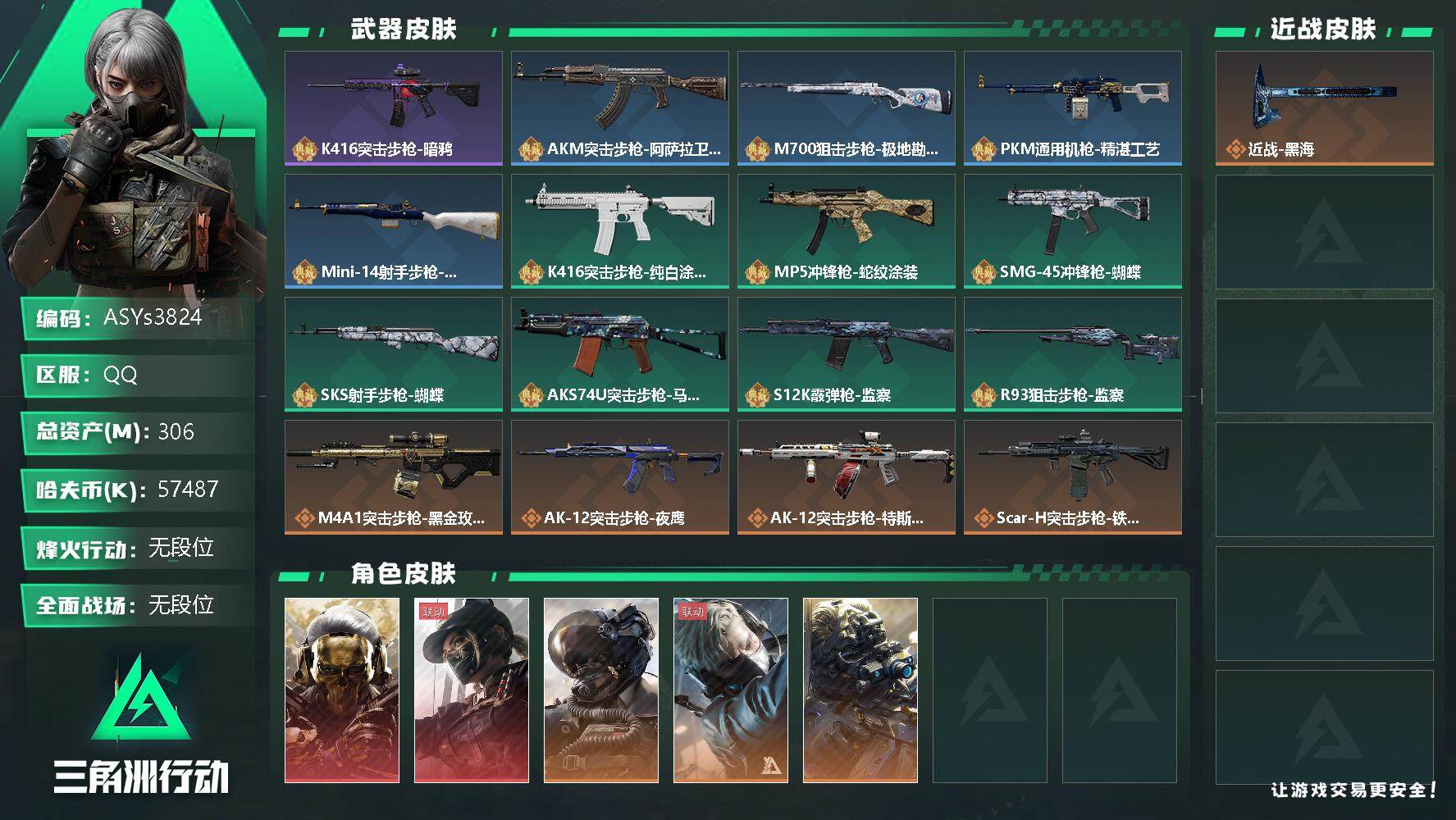 三角洲行动账号QQ【Q区三端互通】【可二次】ASYs3824-特勤处：仓库9级/训练中心7级/靶场6级-总资产306.7M-哈夫币5748W-烽火等级：60级【勾选了部分账号，详细看图，平台认证商家店铺，保证金商家，
