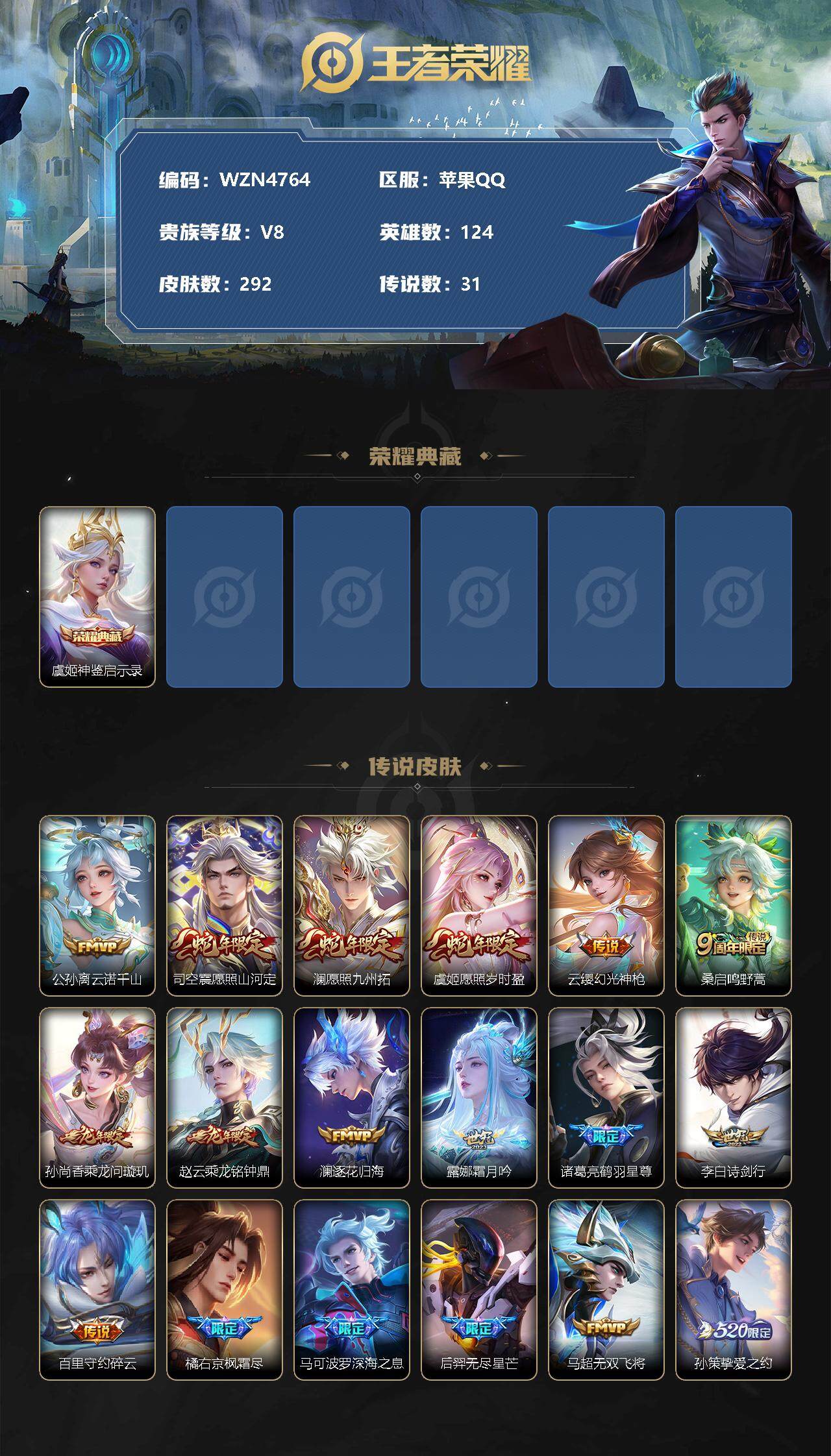王者荣耀账号苹果QQ【WZN4764】贵族8/皮肤292/典藏1/传说31/史诗81/英雄124/神鉴启示录/公孙离云诺千山/愿照·山河定/愿照·九州拓/愿照·岁时盈/幻光神枪/鸣野蒿/乘龙-问璇玑/乘龙-铭钟鼎/逐花