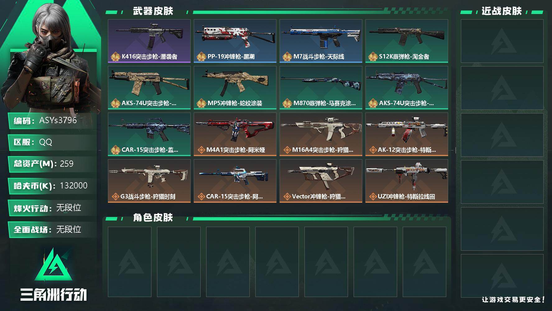 三角洲行动账号QQ【Q区三端互通】【无二次-2025.9.31出二次】ASYs3796-特勤处：仓库7级/训练中心7级/靶场7级-总资产259.1M-哈夫币132M-烽火等级：60级【勾选了部分账号，详细看图，平台认