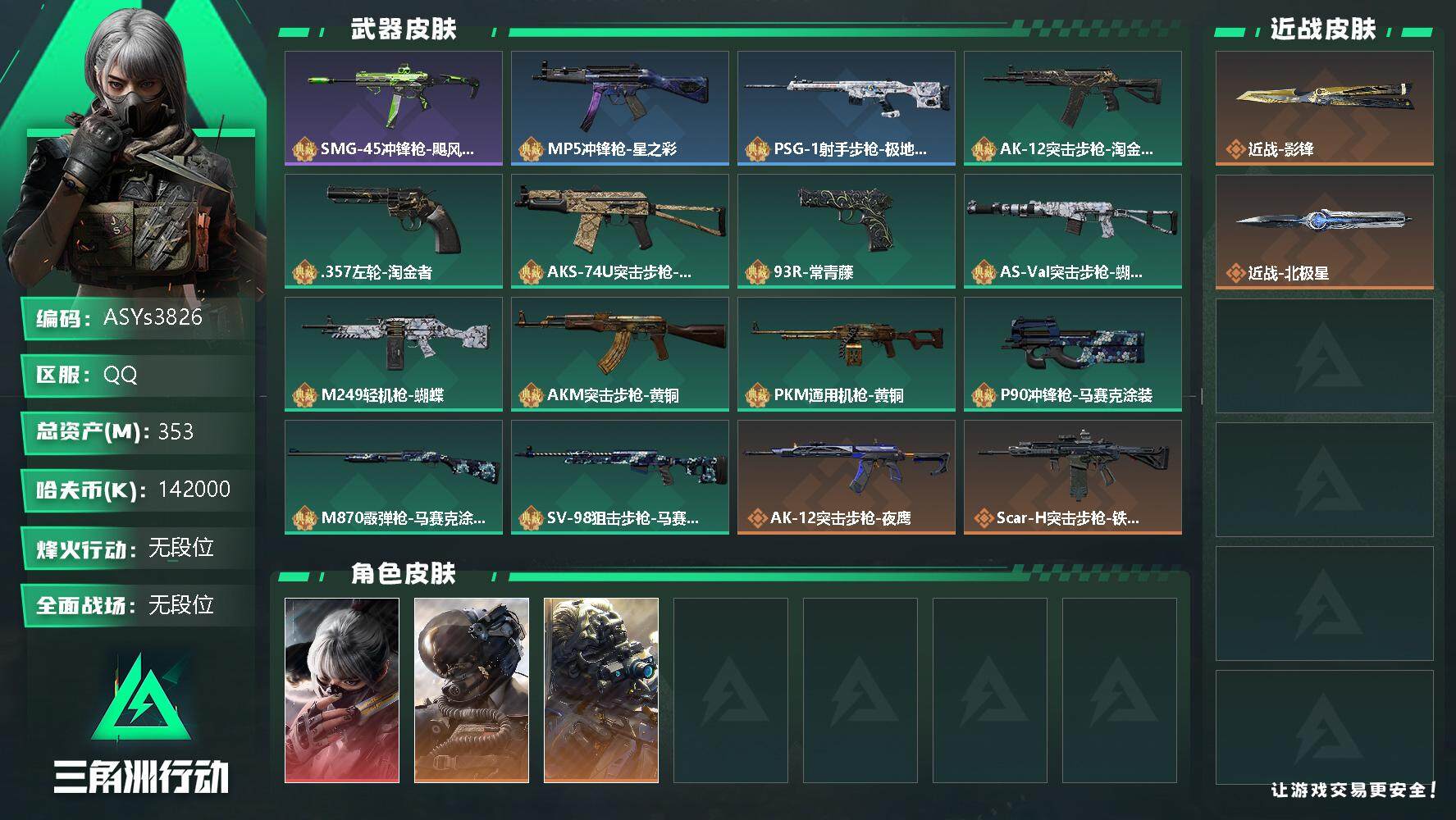 三角洲行动账号QQ【Q区三端互通】【可二次】ASYs3826-特勤处：仓库7级/训练中心6级/靶场6级-总资产353.7M-哈夫币142M-烽火等级：60级【勾选了部分账号，详细看图，平台认证商家店铺，保证金商家，安