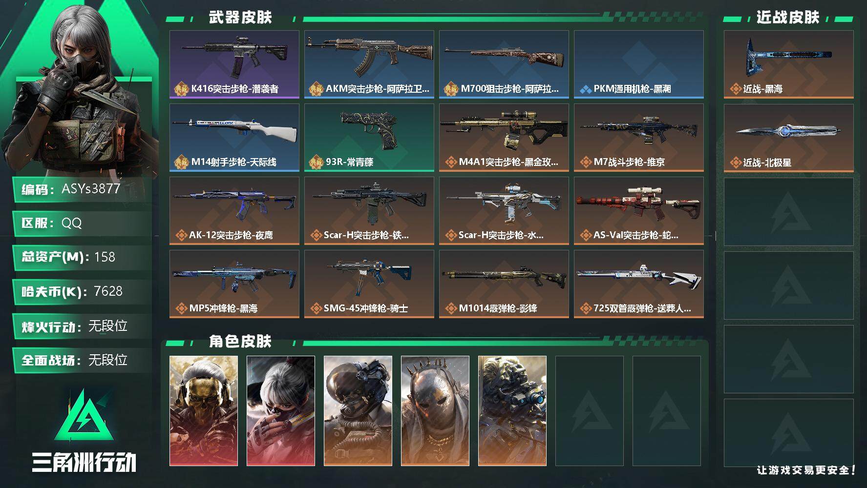 三角洲行动账号QQ【Q区三端互通】【可二次】ASYs3877-特勤处：仓库9级/训练中心7级/靶场7级-总资产158.1M-哈夫币762W-烽火等级：60级【勾选了部分账号，详细看图，平台认证商家店铺，保证金商家，安
