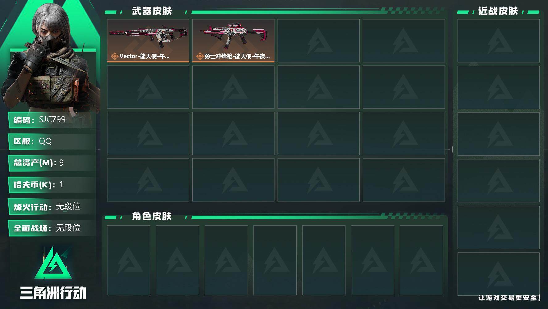 三角洲行动账号QQ【SJC799】总资产(M)：9M/哈夫币(K)：1K/哈夫币(K)：1K/传说枪皮数：2/Vector冲锋枪-能天使-午夜邮差/勇士冲锋枪-能天使-午夜邮差