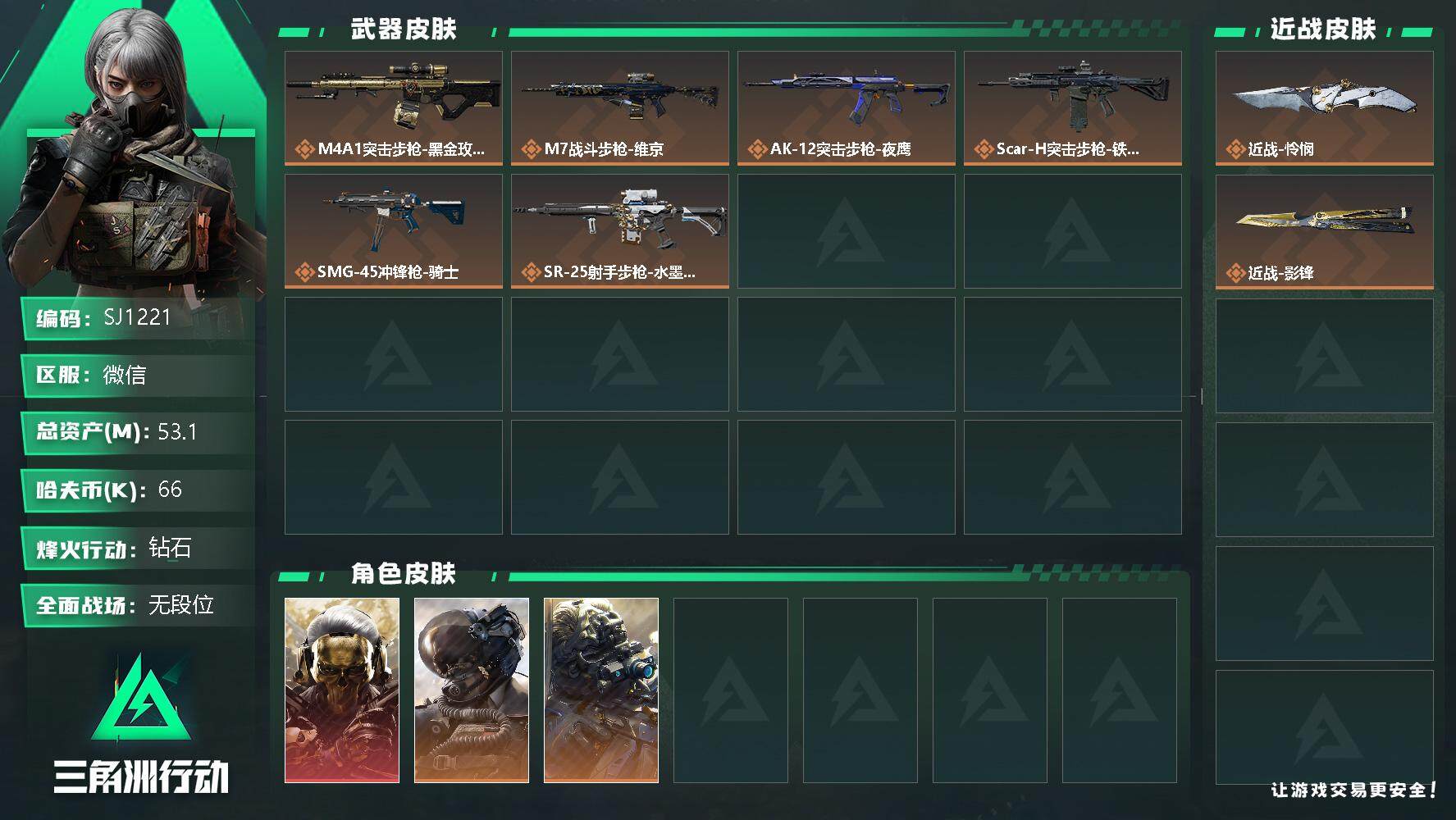 三角洲行动账号VX【SJ1221】总资产(M)：53.1M/哈夫币(K)：66K/哈夫币(K)：66K/全面战场等级：29_段位：无段位/烽火地带等级：60_段位：钻石/红狼-蚀金玫瑰/威龙-壮志凌云/无名-夜鹰/近