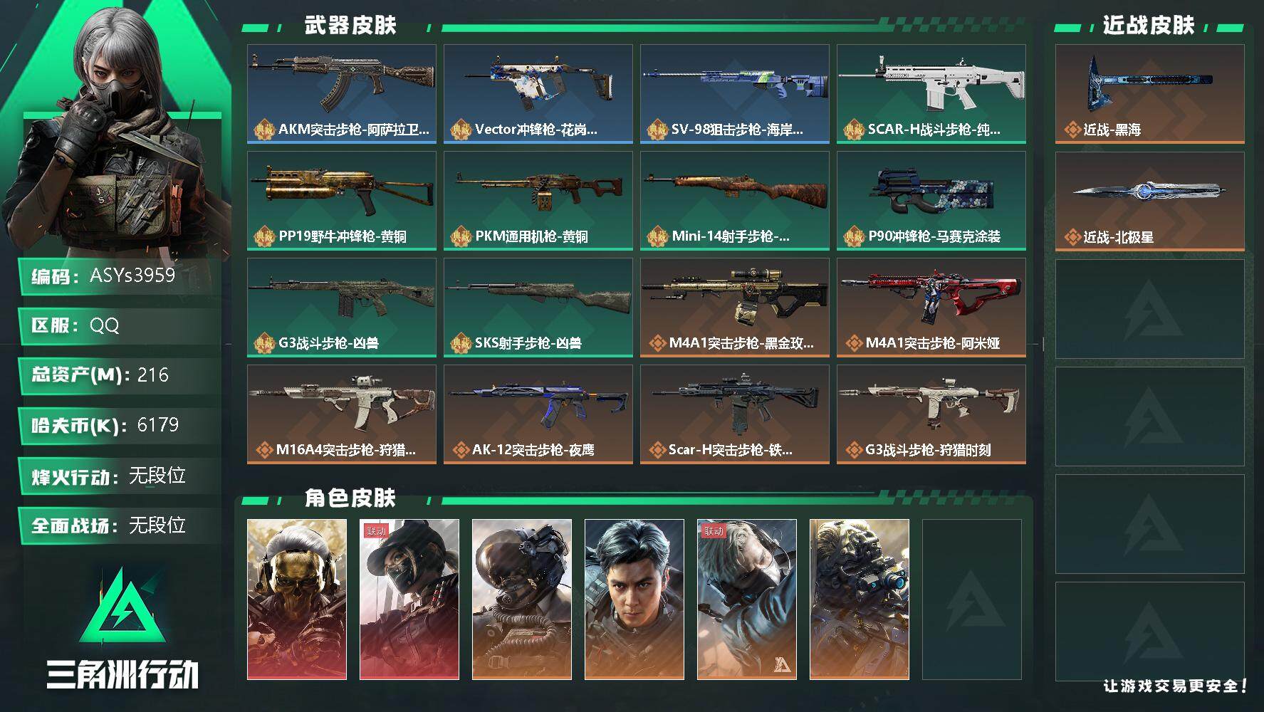 三角洲行动账号QQ【Q区三端互通】【无二次】ASYs3959-特勤处：仓库9级/训练中心7级/靶场7级-总资产216M-哈夫币617W-烽火等级：60级【勾选了部分账号，详细看图，平台认证商家店铺，保证金商家，安全有