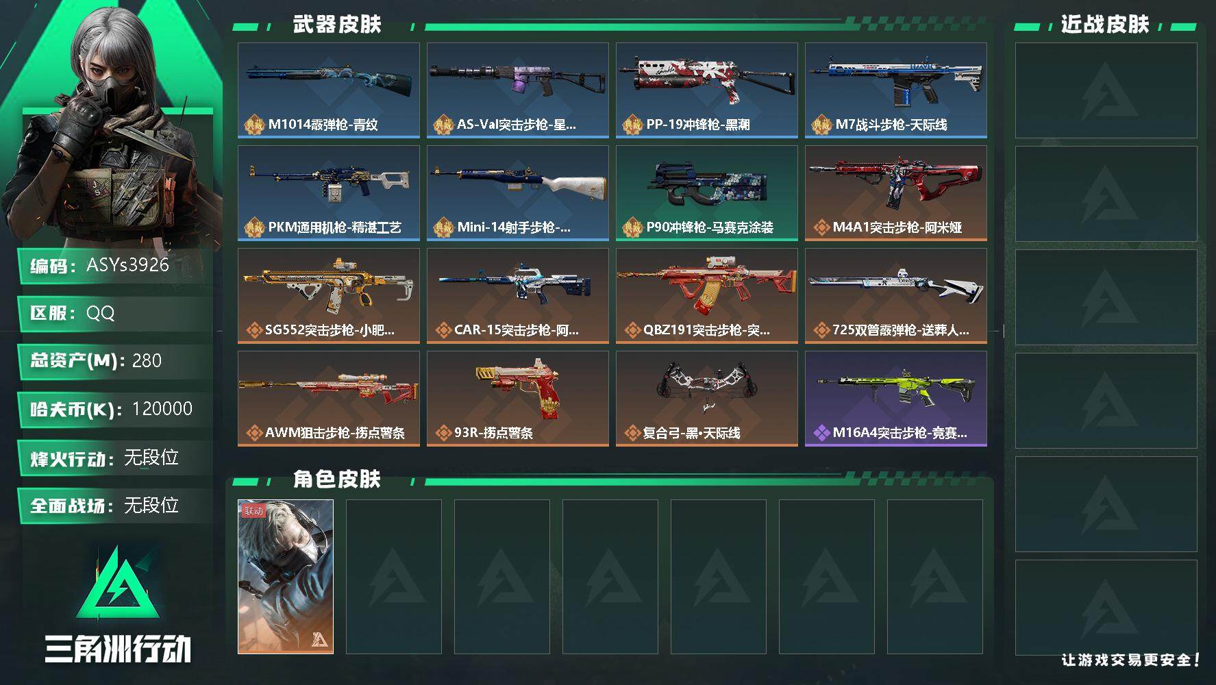 三角洲行动账号QQ【Q区三端互通】【可二次】ASYs3926-特勤处：仓库5级/训练中心4级/靶场4级-总资产280.1M-哈夫币120M-烽火等级：60级【勾选了部分账号，详细看图，平台认证商家店铺，保证金商家，安