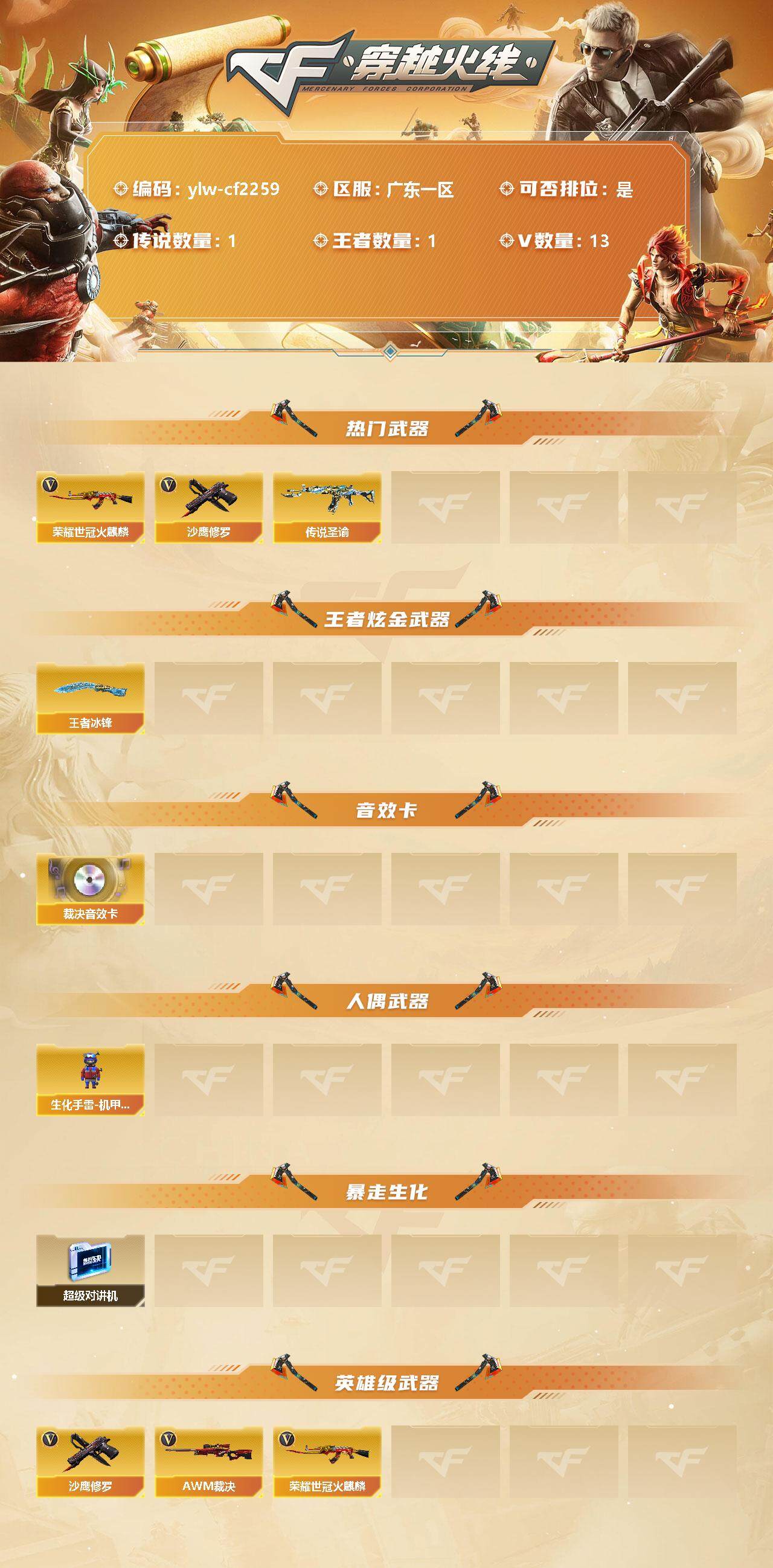 穿越火线账号南部战区广东一区[11484904]【商品标题】：广东一区-13V-1王者-0炫金
【传说武器】：传说圣谕
【热门武器】：传说圣谕，荣耀世冠-火麒麟，沙鹰-修罗
【王者炫金武器】：王者冰锋
【音效卡】：AWM-裁决音