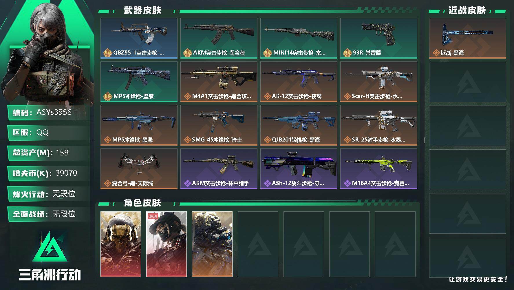 三角洲行动账号QQ【Q区三端互通】【无二次】ASYs3956-特勤处：仓库7级/训练中心6级/靶场4级-总资产159.5M-哈夫币3907W-烽火等级：60级【勾选了部分账号，详细看图，平台认证商家店铺，保证金商家，
