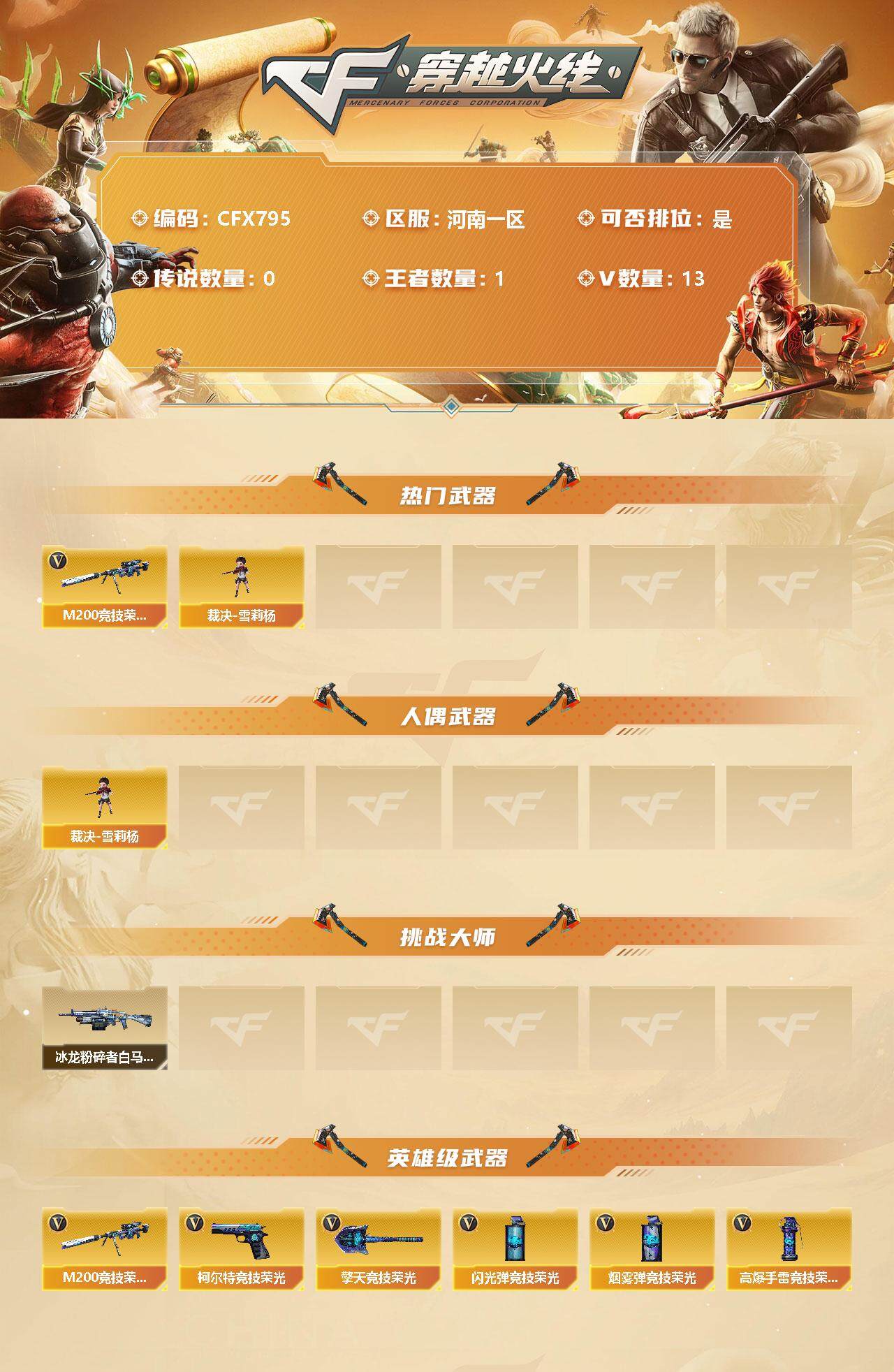 穿越火线账号北部战区河南一区【CFX795】13V/75级/校官/1王者/M200 竞技荣光/裁决-雪莉杨/冰龙粉碎者-白马银枪/柯尔特-竞技荣光/擎天-竞技荣光/高爆手雷-竞技荣光/烟雾弹-竞技荣光/闪光弹-竞技荣光