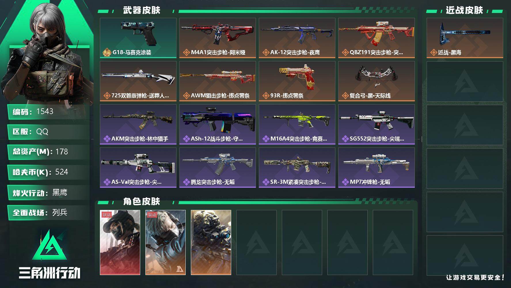 三角洲行动账号QQ总资产(M)：178M/哈夫币(K)：524K/哈夫币(K)：524K/全面战场等级：10_段位：列