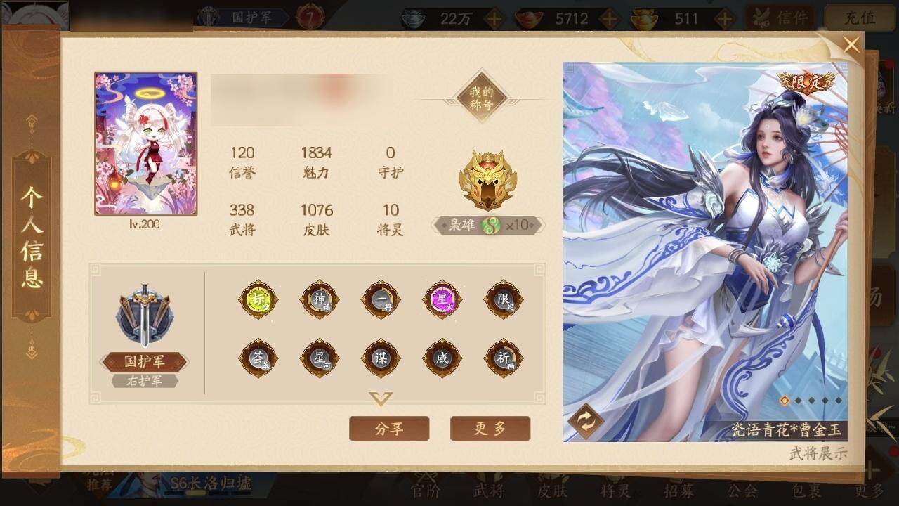 【19】官阶:国护军；VIP等级:7；武将...