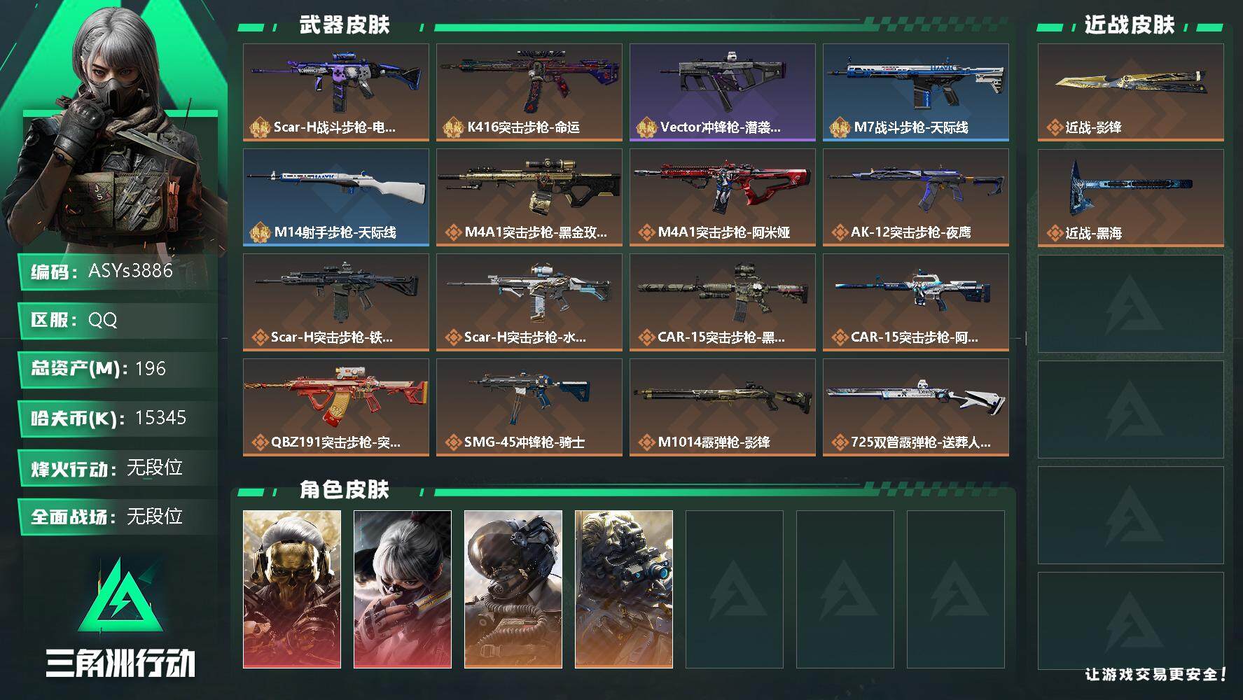 三角洲行动账号QQ【Q区三端互通】【可二次】ASYs3886-特勤处：仓库9级/训练中心6级/靶场6级-总资产196.9M-哈夫币1534W-烽火等级：60级【勾选了部分账号，详细看图，平台认证商家店铺，保证金商家，