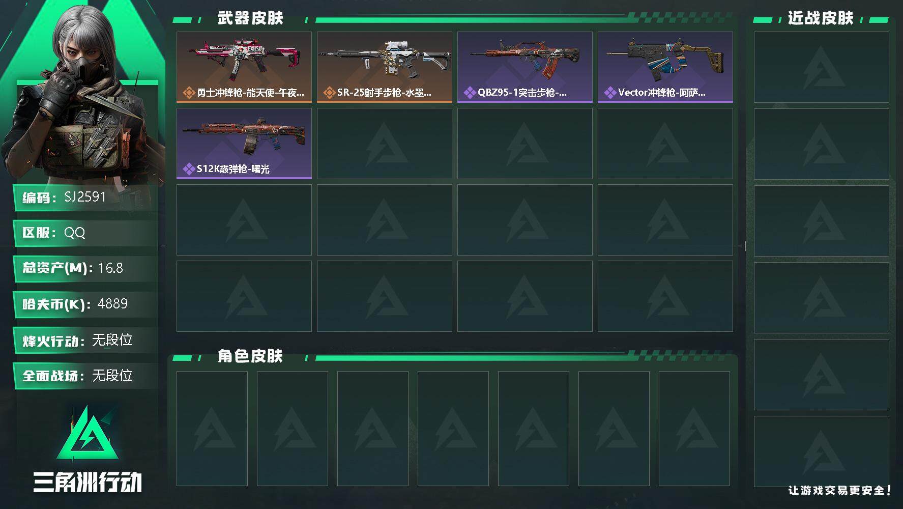三角洲行动账号QQ【SJ2591】总资产(M)：16.8M/哈夫币(K)：4889K/哈夫币(K)：4889K/全面战场等级：1_段位：无段位/烽火地带等级：28_段位：无段位/勇士冲锋枪-能天使-午夜邮差/SR-2