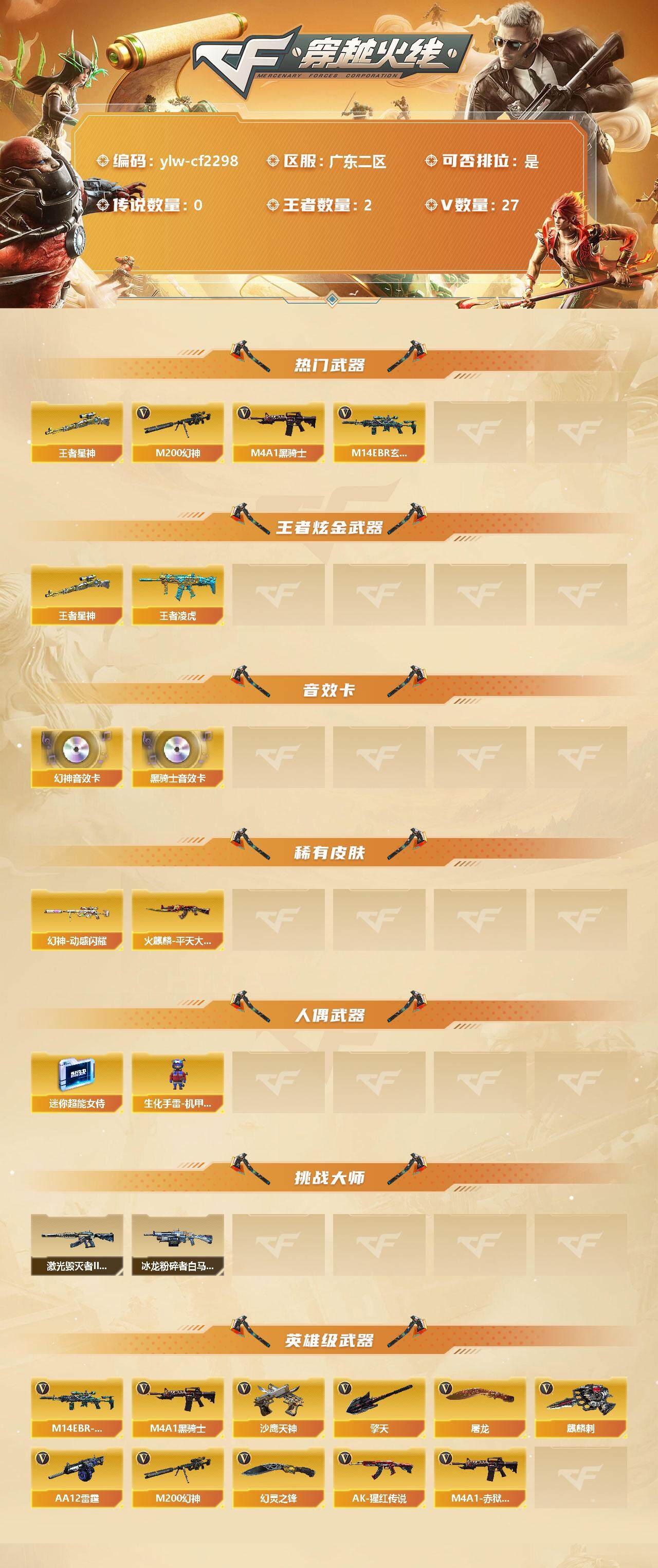 穿越火线账号南部战区广东二区[11540740]【商品标题】：广东二区-27V-2王者-0炫金
【热门武器】：王者星神，M14EBR-玄武，M200-幻神，M4A1-黑骑士
【王者炫金武器】：王者星神，王者凌虎
【音效卡】：M2
