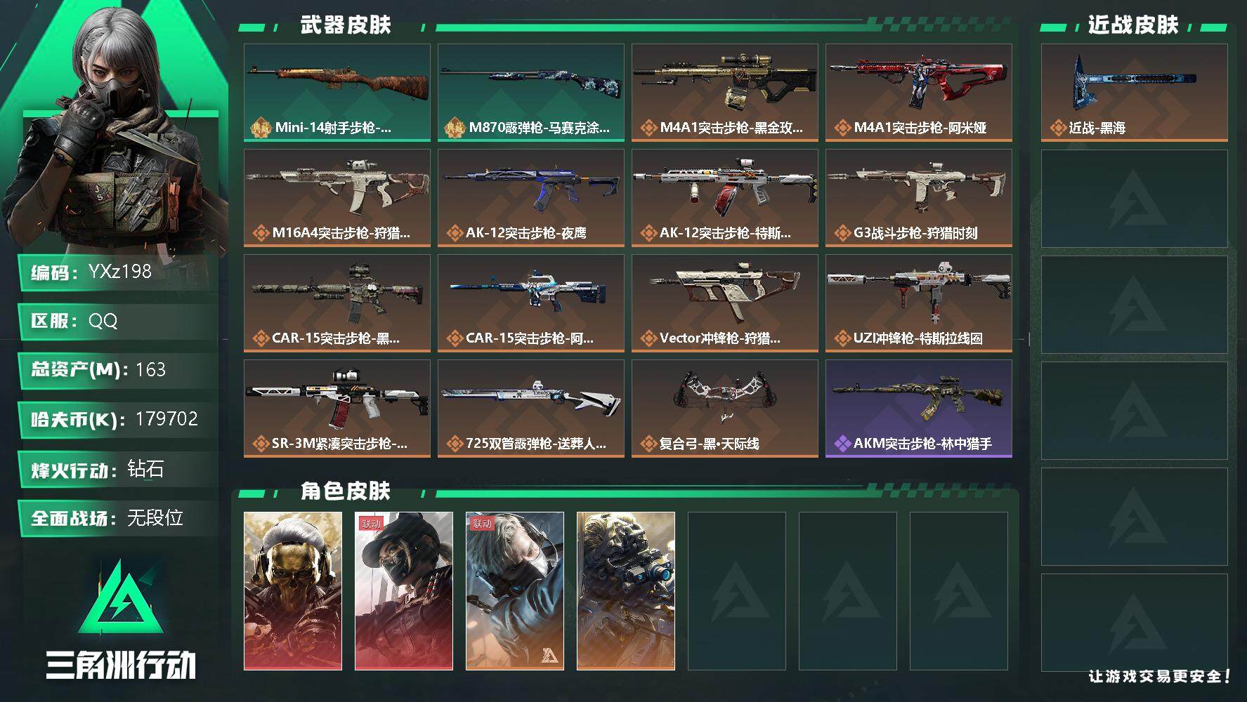 三角洲行动账号QQ【Q区三端互通】【无二次】YXz198-特勤处：仓库7级/训练中心7级/靶场6级-总资产463M-哈夫币179M-烽火等级：60级【勾选了部分账号，详细看图，平台认证商家店铺，保证金商家，安全有保障