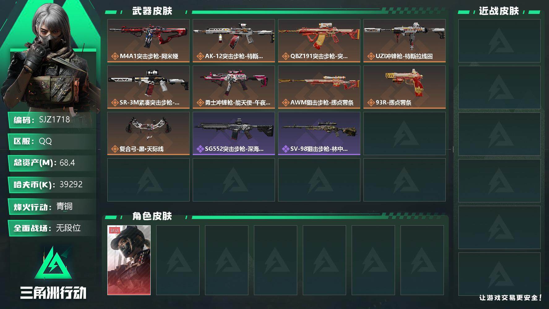 三角洲行动账号QQ【SJZ1718】总资产(M)：68.4M/哈夫币(K)：39292K/哈夫币(K)：39292K/传说枪皮数：9/全面战场等级：1_段位：无段位/烽火地带等级：40_段位：青铜/露娜-黑·天际线/