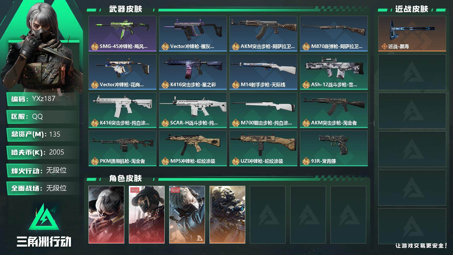 三角洲行动账号QQ【Q区三端互通】【无二次】YXz187-特勤处：仓库9级/训练中心7级/靶场6级-总资产135M-哈夫币200W-烽火等级：60级【勾选了部分账号，详细看图，平台认证商家店铺，保证金商家，安全有保障