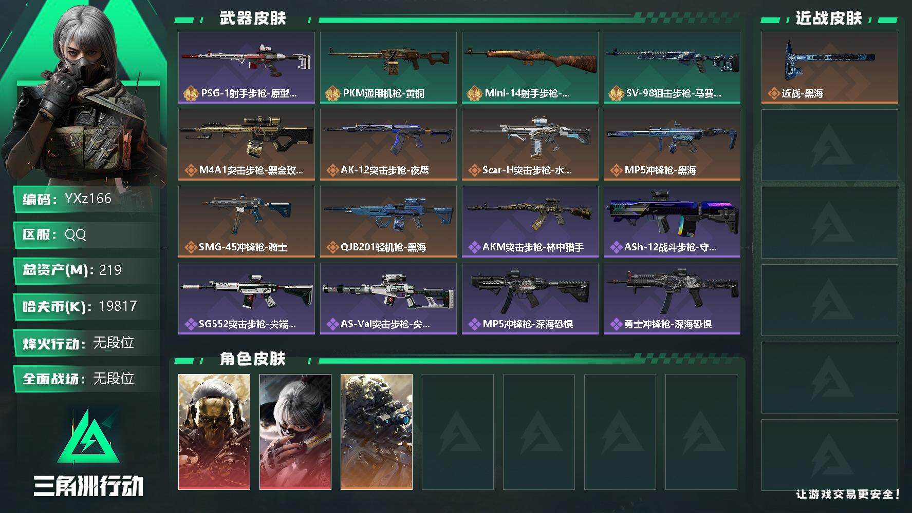 三角洲行动账号QQ【Q区三端互通】【可二次】YXz166-特勤处：仓库9级/训练中心7级/靶场7级-总资产219.2M-哈夫币1981W-烽火等级：60级【勾选了部分账号，详细看图，平台认证商家店铺，保证金商家，安全