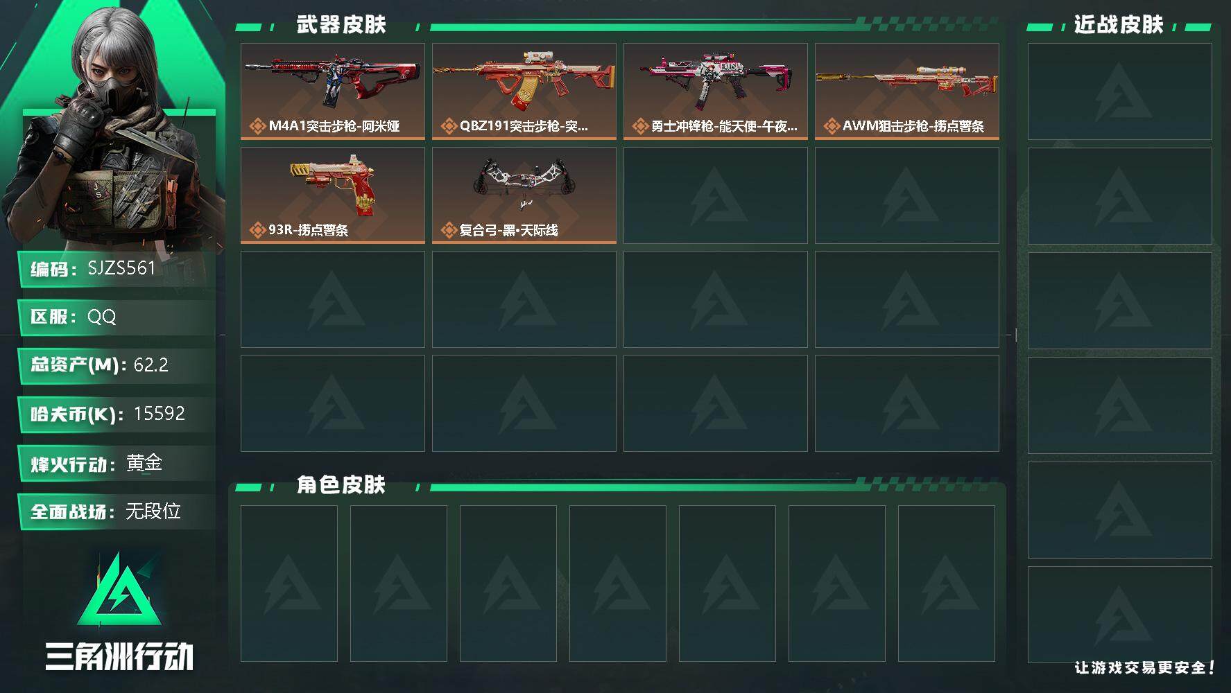 三角洲行动账号QQ【SJZS561】总资产(M)：62.2M/哈夫币(K)：15592K/哈夫币(K)：15592K/传说枪皮数：6/全面战场等级：1_段位：无段位/烽火地带等级：30_段位：黄金/近战-黑鹰/M4A