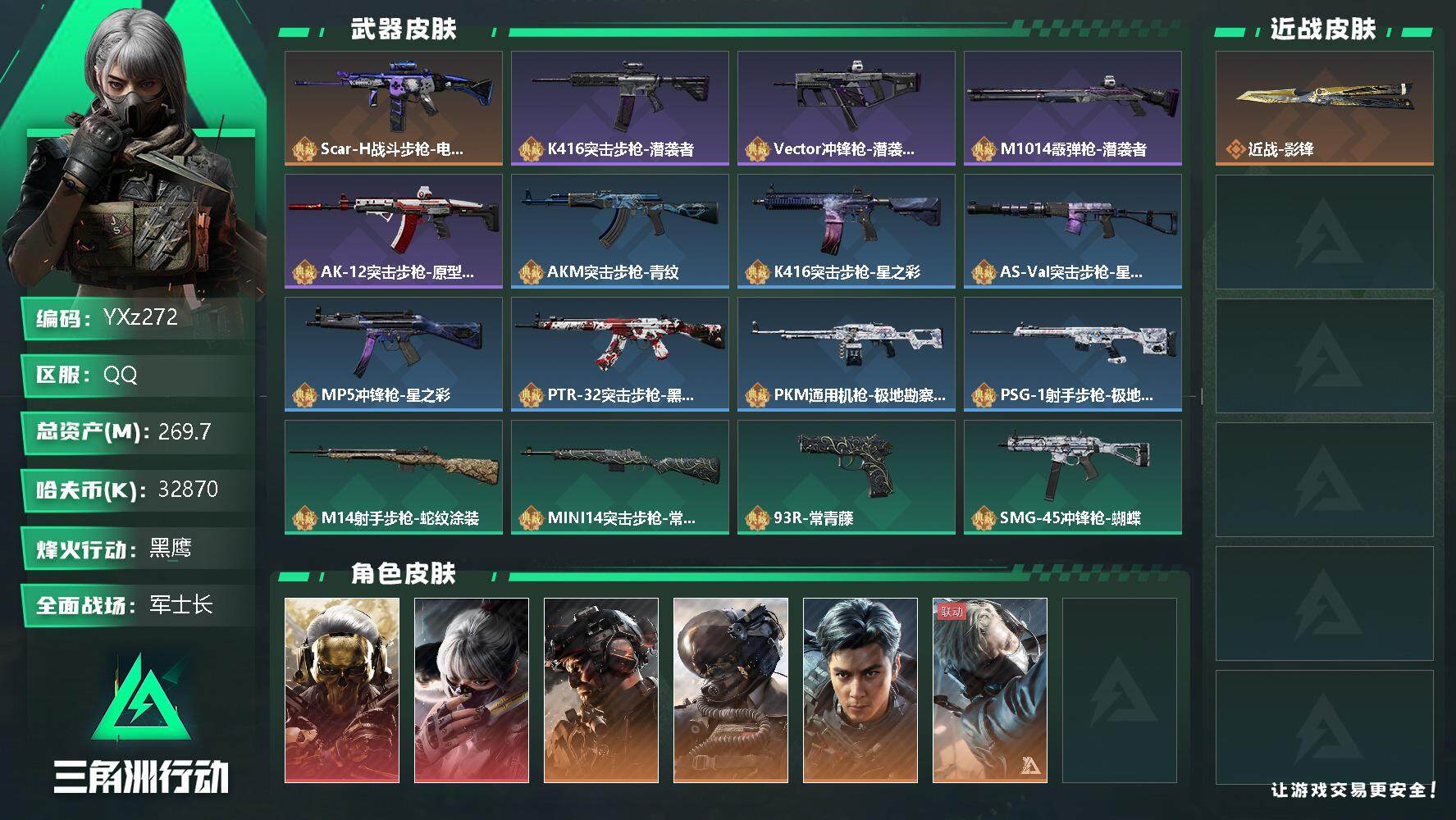 三角洲行动账号QQ【Q区三端互通】【无二次】YXz272-特勤处：仓库10级/训练中心7级/靶场7级-总资产269.7m-哈夫币32870k-烽火等级：60级【勾选了部分账号，详细看图，平台认证商家店铺，保证金商家，