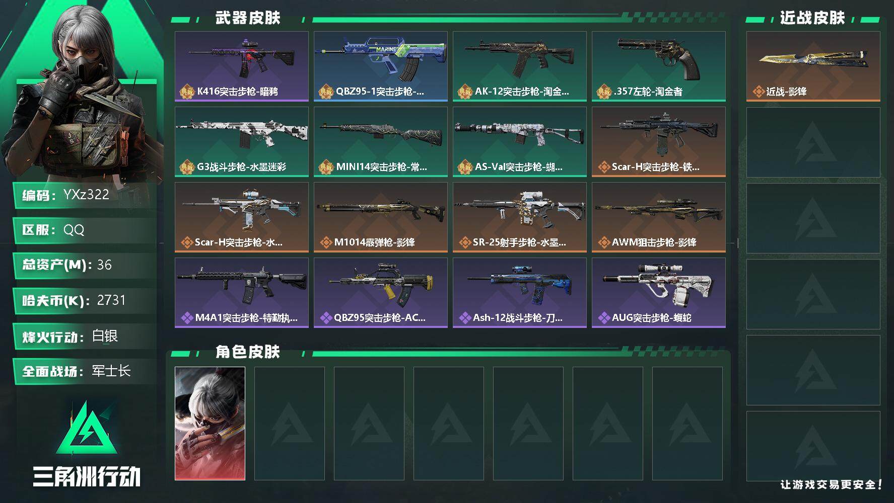 三角洲行动账号QQ【Q区三端互通】【可二次】YXz322-特勤处：仓库6级/训练中心3级/靶场2级-总资产36-哈夫币2731k-烽火等级：37级【勾选了部分账号，详细看图，平台认证商家店铺，保证金商家，安全有保障，
