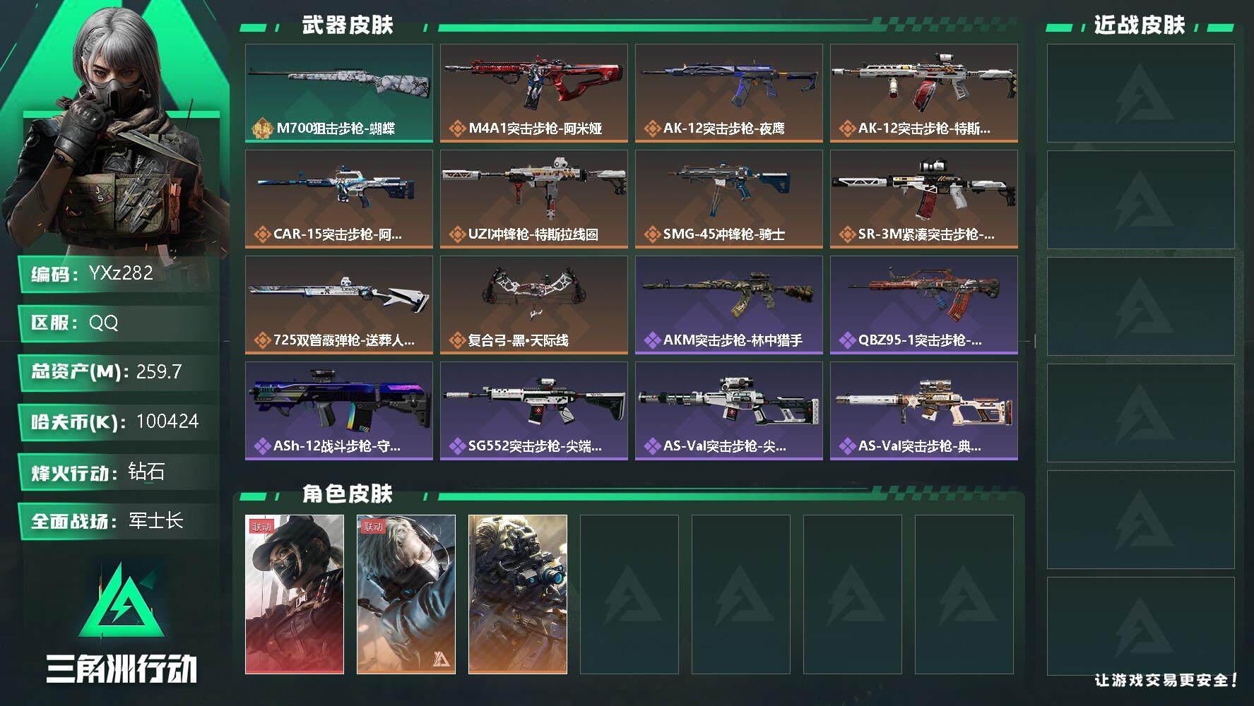 三角洲行动账号QQ【Q区三端互通】【无二次】YXz282-特勤处：仓库9级/训练中心7级/靶场7级-总资产259.7M-哈夫币100M-烽火等级：60级【勾选了部分账号，详细看图，平台认证商家店铺，保证金商家，安全有
