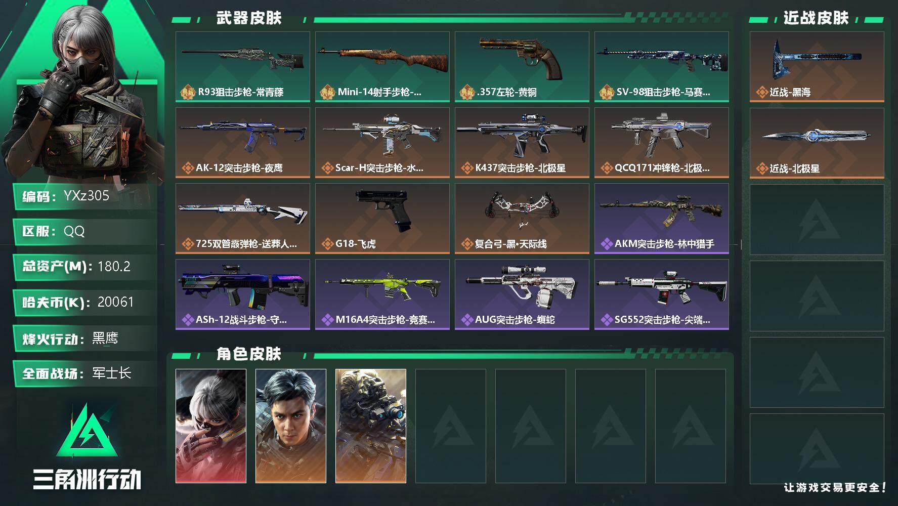 三角洲行动账号QQ【Q区三端互通】【无二次】YXz305-特勤处：仓库8级/训练中心7级/靶场7级-总资产180.2m-哈夫币20261k-烽火等级：60级【勾选了部分账号，详细看图，平台认证商家店铺，保证金商家，安