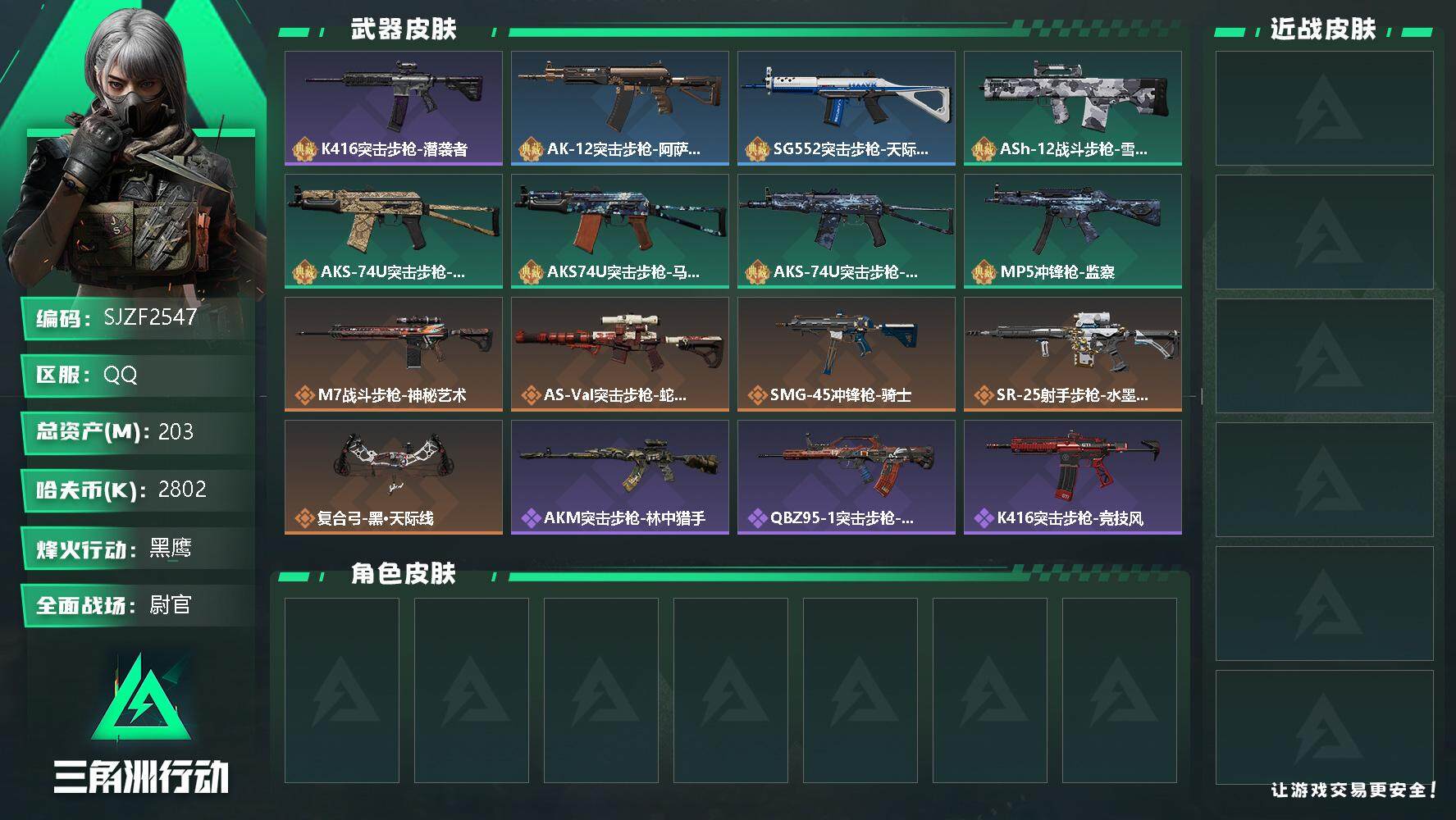 三角洲行动账号QQ【SJZF2547】总资产(M)：203M/哈夫币(K)：2802K/哈夫币(K)：2802K/全面战场等级：50_段位：尉官/烽火地带等级：60_段位：黑鹰/K416突击步枪-潜袭者/AK-12突