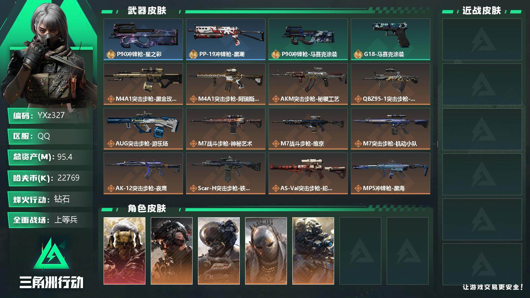 三角洲行动账号QQ【商品标题】：
【干员外观】：红狼-蚀金玫瑰，威龙-铁面判官，威龙-壮志凌云，牧羊人-街头之王，无名-夜鹰
【典藏外观】：P90冲锋枪-星之彩，野牛冲锋枪-黑潮，P90冲锋枪-马赛克涂装，G18-马