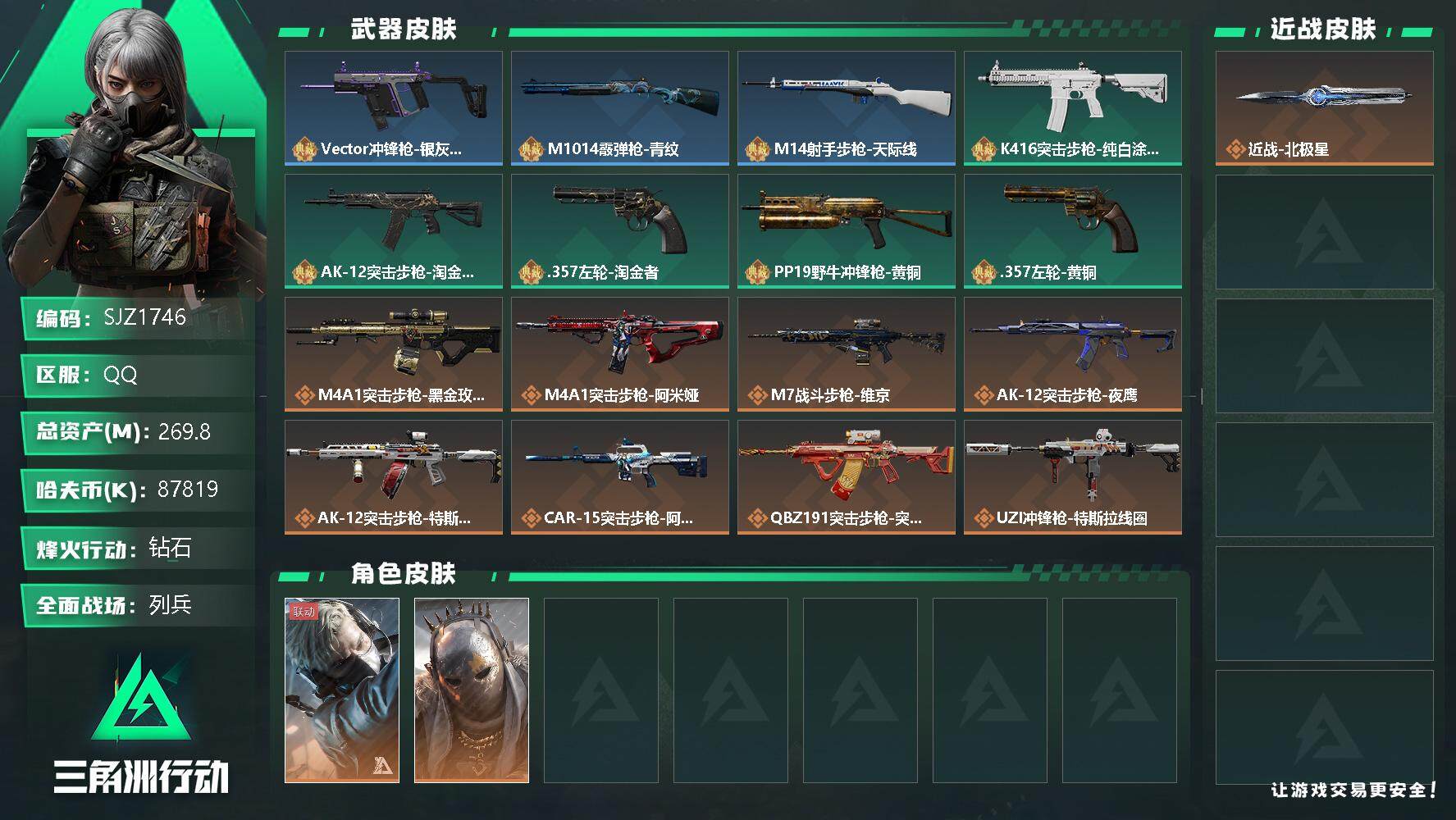 三角洲行动账号QQ【SJZ1746】总资产(M)：269.8M/哈夫币(K)：87819K/哈夫币(K)：87819K/全面战场等级：24_段位：列兵/烽火地带等级：60_段位：钻石/蜂医-送葬人·无题密令/牧羊人-