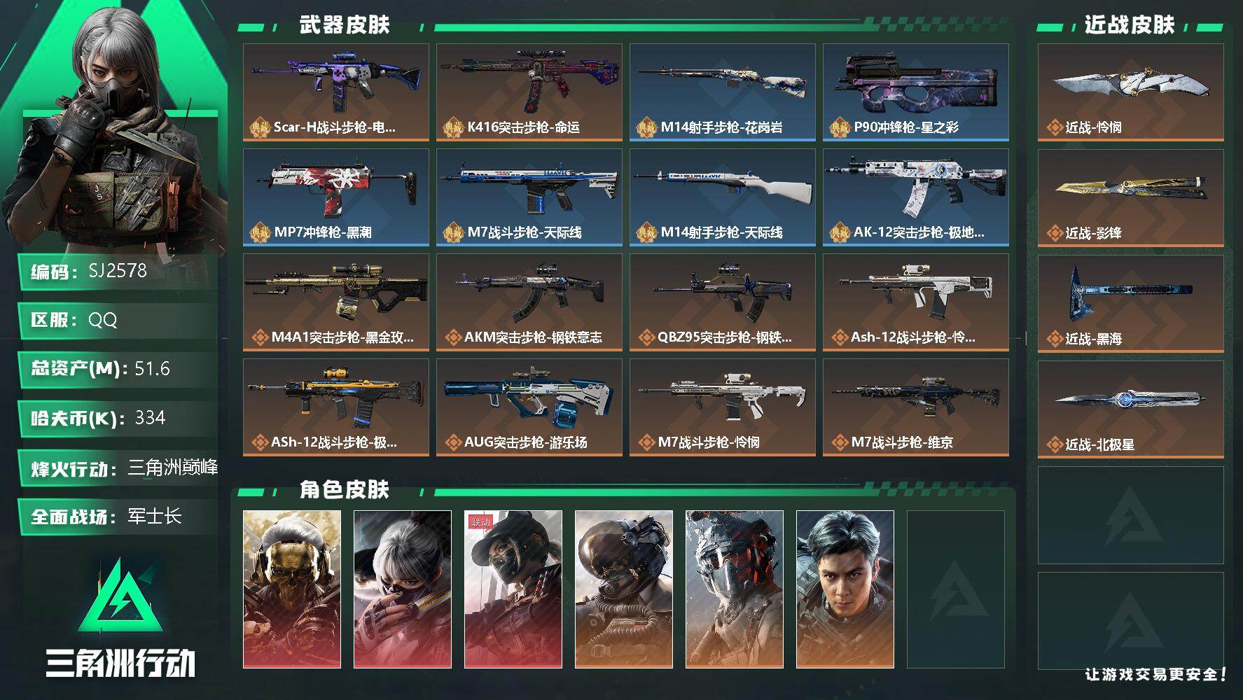 三角洲行动账号QQ【SJ2578】总资产(M)：51.6M/哈夫币(K)：334K/哈夫币(K)：334K/传说枪皮数：41/全面战场等级：50_段位：军士长/烽火地带等级：60_段位：三角洲巅峰/红狼-蚀金玫瑰/骇
