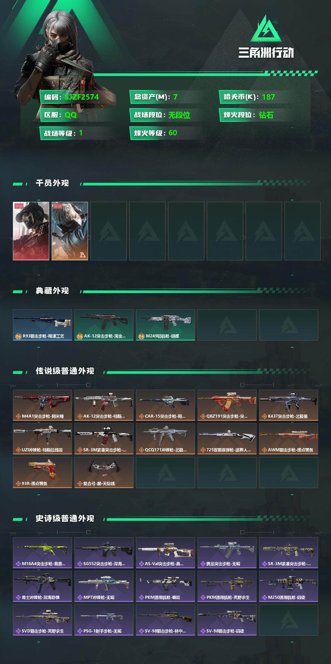 三角洲行动账号QQ【SJZF2574】总资产(M)：7M/哈夫币(K)：187K/哈夫币(K)：187K/全面战场等级：1_段位：无段位/烽火地带等级：60_段位：钻石/露娜-黑·天际线/蜂医-送葬人·无题密令/R9