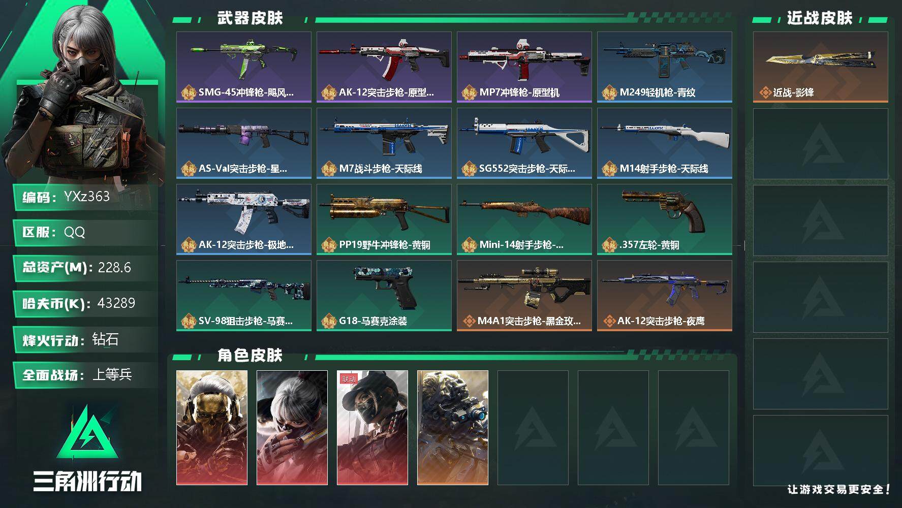 三角洲行动账号QQ【Q区三端互通】【无二次】YXz363-特勤处：仓库9级/训练中心7级/靶场7级-总资产228.6m-哈夫币43289k-烽火等级：60级【勾选了部分账号，详细看图，平台认证商家店铺，保证金商家，安