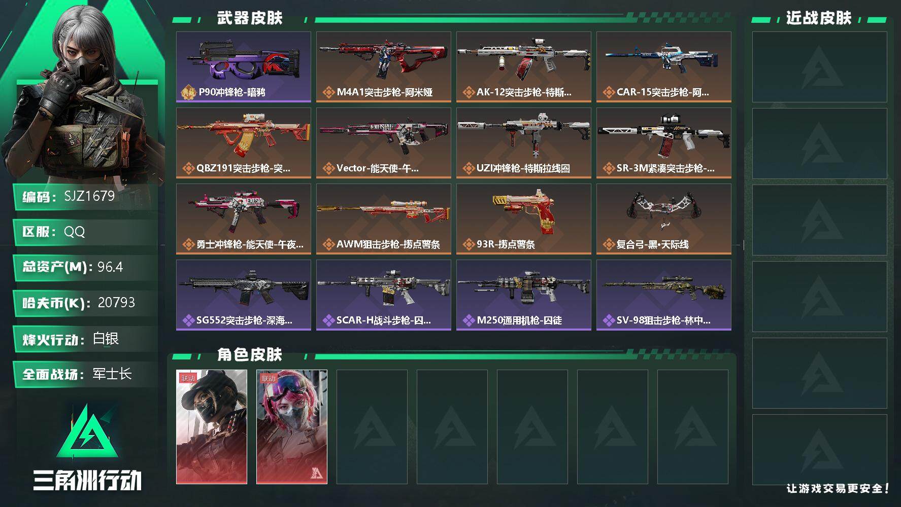 三角洲行动账号QQ【SJZ1679】总资产(M)：96.4M/哈夫币(K)：20793K/哈夫币(K)：20793K/传说枪皮数：11/全面战场等级：23_段位：军士长/烽火地带等级：60_段位：白银/露娜-黑·天际