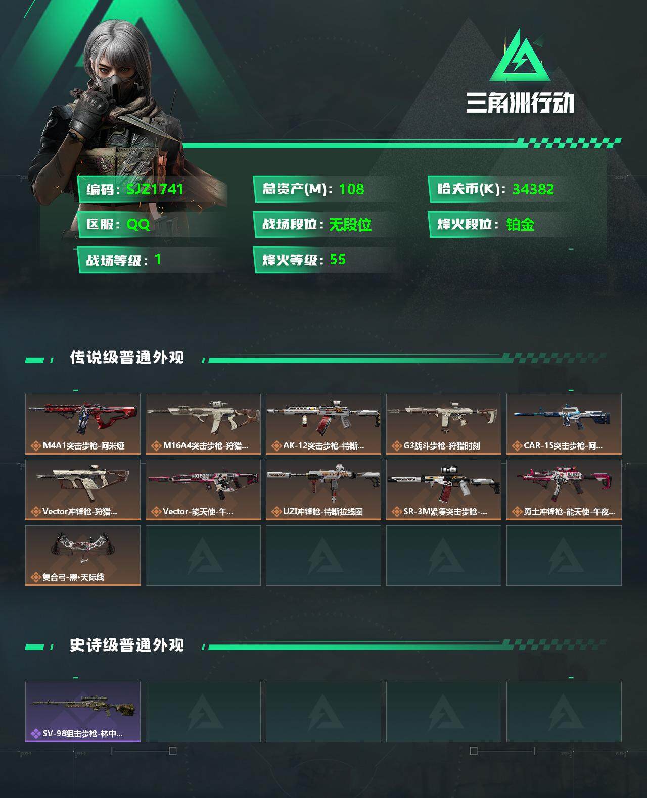三角洲行动账号QQ【SJZ1741】总资产(M)：108.1M/哈夫币(K)：34382K/哈夫币(K)：34382K/全面战场等级：1_段位：无段位/烽火地带等级：55_段位：铂金/近战-黑鹰/M4A1突击步枪-阿