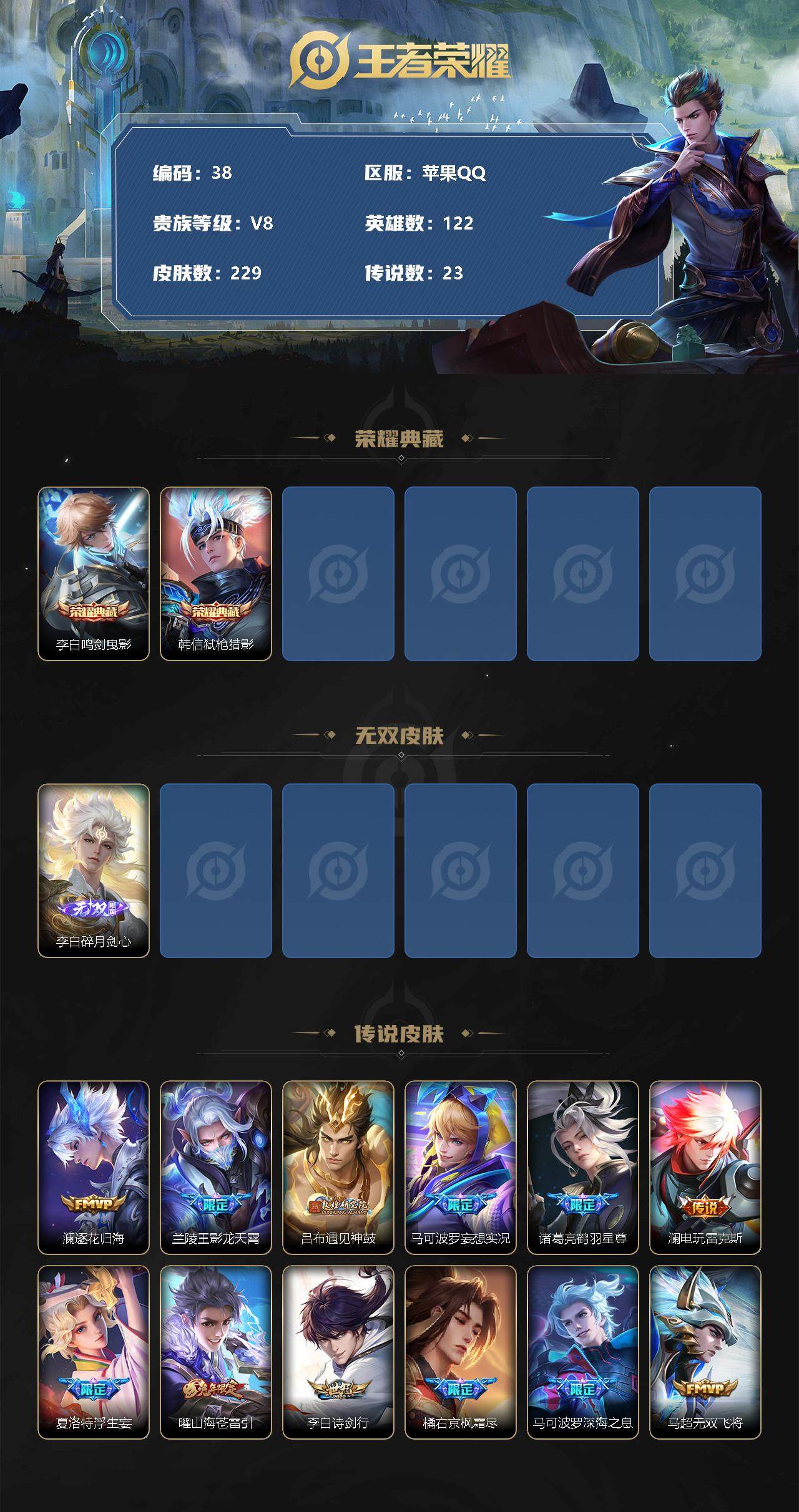 王者荣耀账号苹果QQ【商品标题】：苹果Q-V8-永恒钻石I段位-122英雄-229皮肤-2典藏-0珍品无双-1无双-0珍品传说-23传说-61史诗
【荣耀典藏】：李白鸣剑曳影，韩信弑枪猎影
【无双皮肤】：李白碎月剑心
