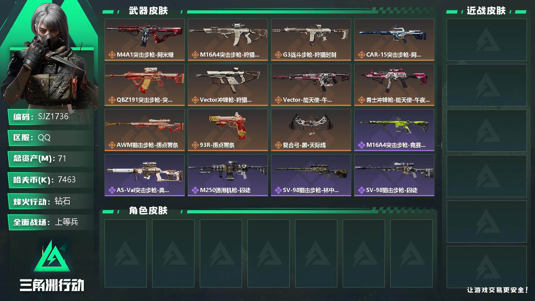 三角洲行动账号QQ【SJZ1736】总资产(M)：71M/哈夫币(K)：7463K/哈夫币(K)：7463K/传说枪皮数：11/全面战场等级：14_段位：上等兵/烽火地带等级：45_段位：钻石/近战-黑鹰/M4A1突
