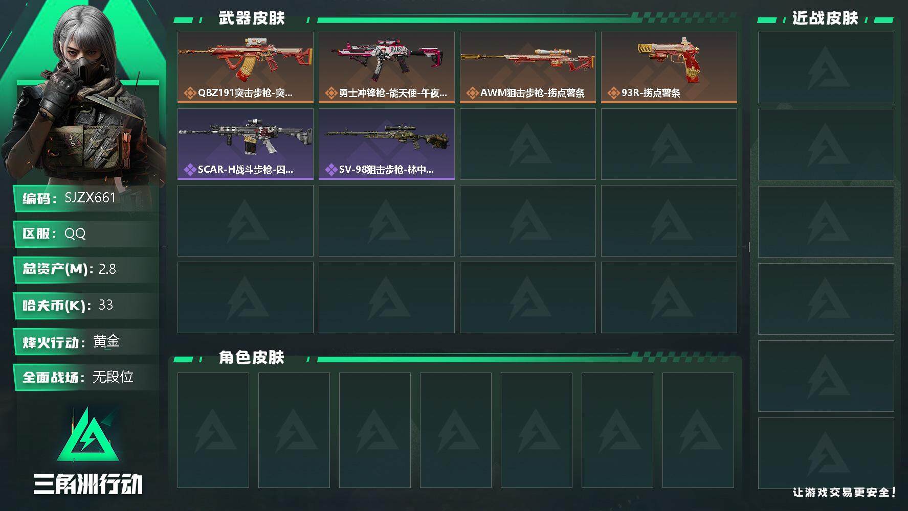 三角洲行动账号QQ【SJZX661】总资产(M)：2.8M/哈夫币(K)：33K/哈夫币(K)：33K/传说枪皮数：4/全面战场等级：4_段位：无段位/烽火地带等级：30_段位：黄金/捞点薯条捆绑包/腾龙突击步枪-捞