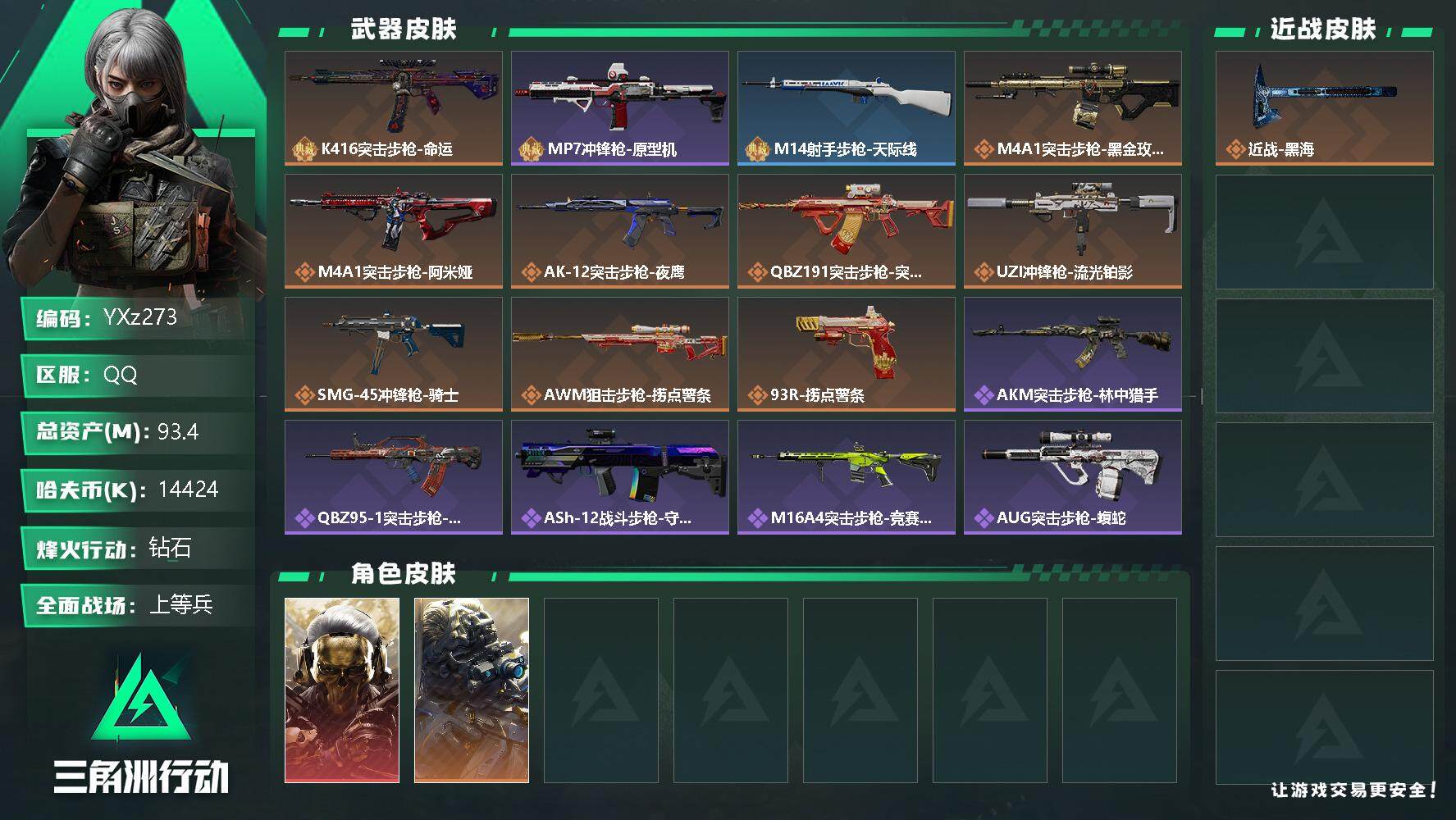 三角洲行动账号QQ【Q区三端互通】【无二次】YXz273-特勤处：仓库8级/训练中心7级/靶场6级-总资产93.4-哈夫币14424k-烽火等级：60级【勾选了部分账号，详细看图，平台认证商家店铺，保证金商家，安全有
