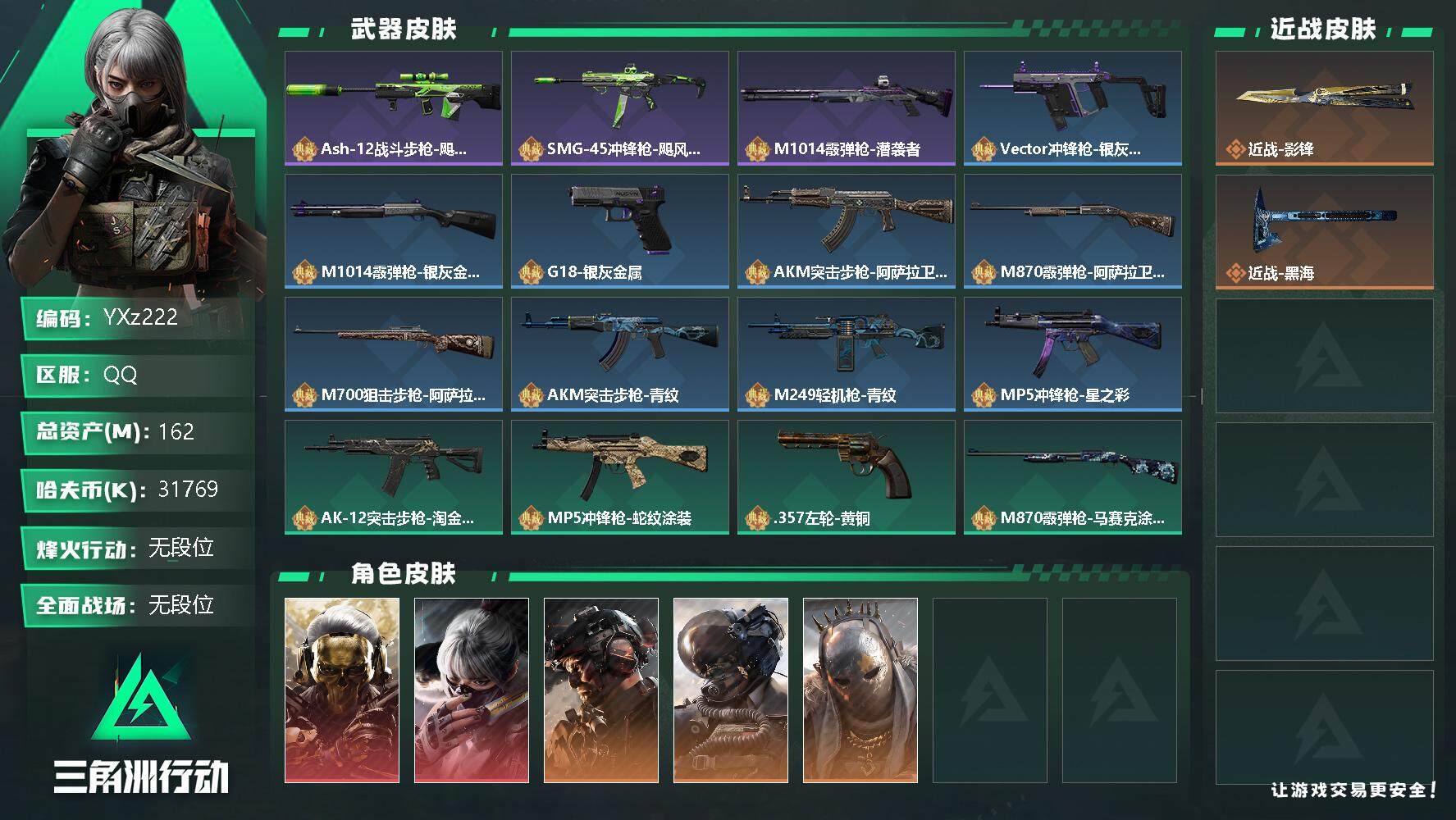 三角洲行动账号QQ【Q区三端互通】【可二次】YXz222-特勤处：仓库8级/训练中心7级/靶场7级-总资产162m-哈夫币3176w-烽火等级：60级【勾选了部分账号，详细看图，平台认证商家店铺，保证金商家，安全有保