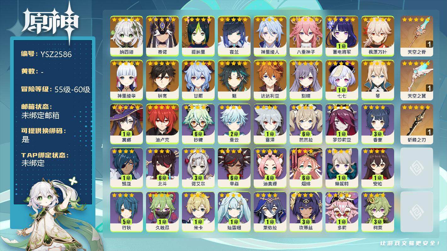 原神账号官服 天空岛【YSZ2586】57级/女主/19个五星角色/0命纳西妲/0命赛诺/0命提纳里/0命夜兰/0命神里绫人/0命八重神子/1命雷电将军/0命神里绫华/0命枫原万叶/0命魈/0命甘雨/0命钟离/0命达达