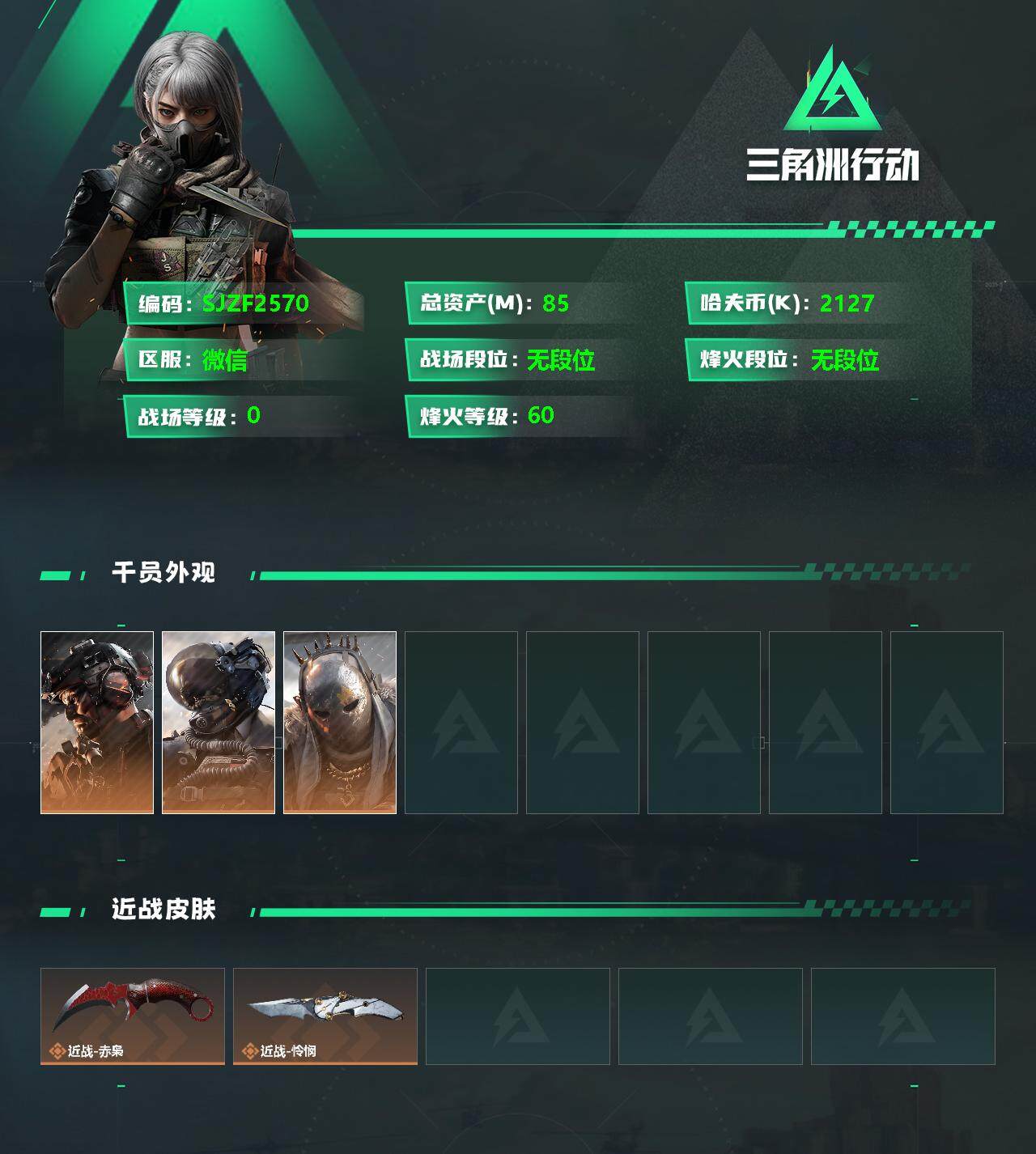 三角洲行动账号VX【SJZF2570】总资产(M)：85.5M/哈夫币(K)：2127K/哈夫币(K)：2127K/传说枪皮数：7/烽火地带等级：60_段位：无段位/威龙-壮志凌云/威龙-铁面判官/牧羊人-街头之王/