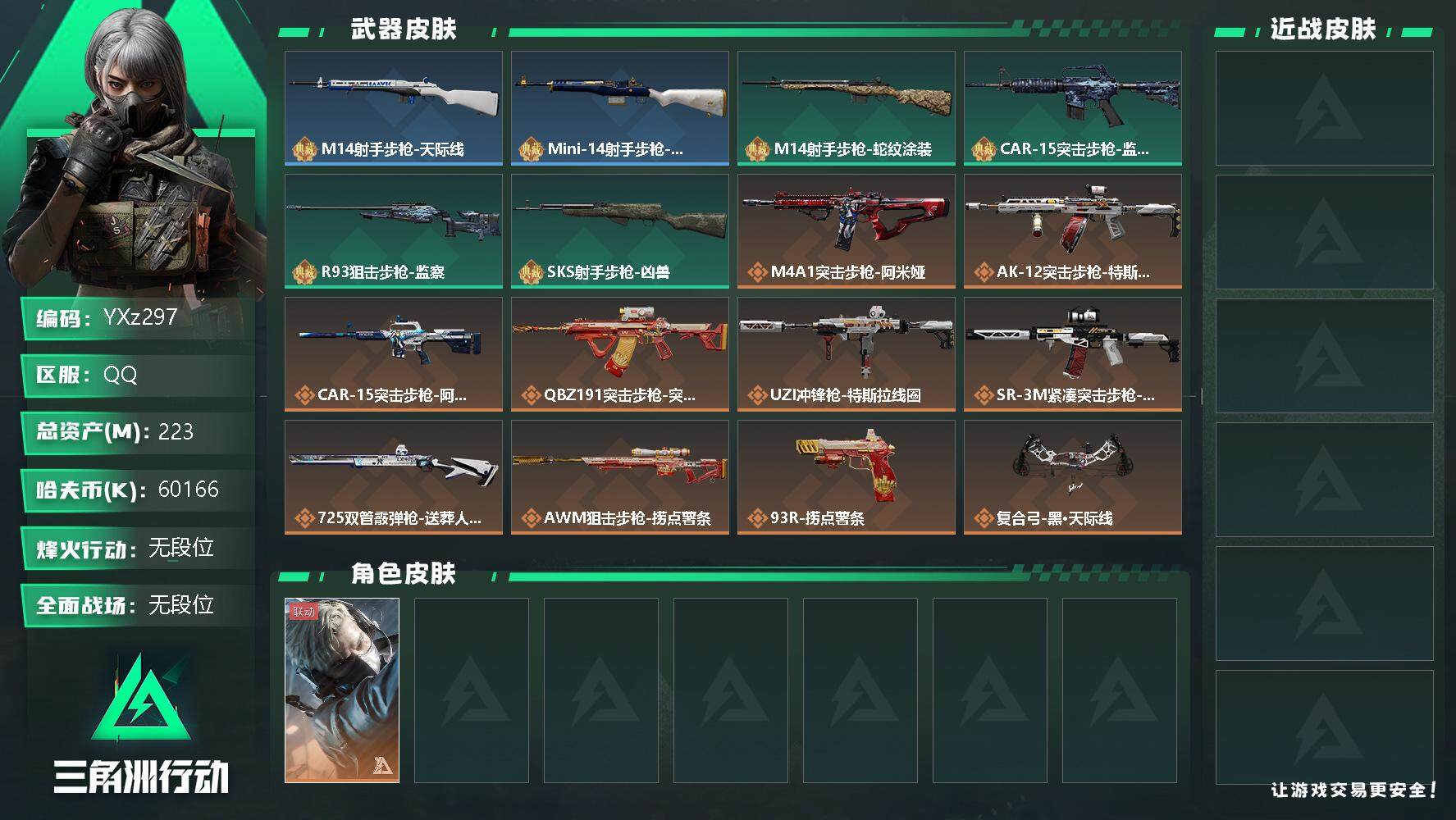 三角洲行动账号QQ【Q区三端互通】【可二次】YXz297-特勤处：仓库8级/训练中心4级/靶场4级-总资产223.7M-哈夫币6016W-烽火等级：60级【勾选了部分账号，详细看图，平台认证商家店铺，保证金商家，安全