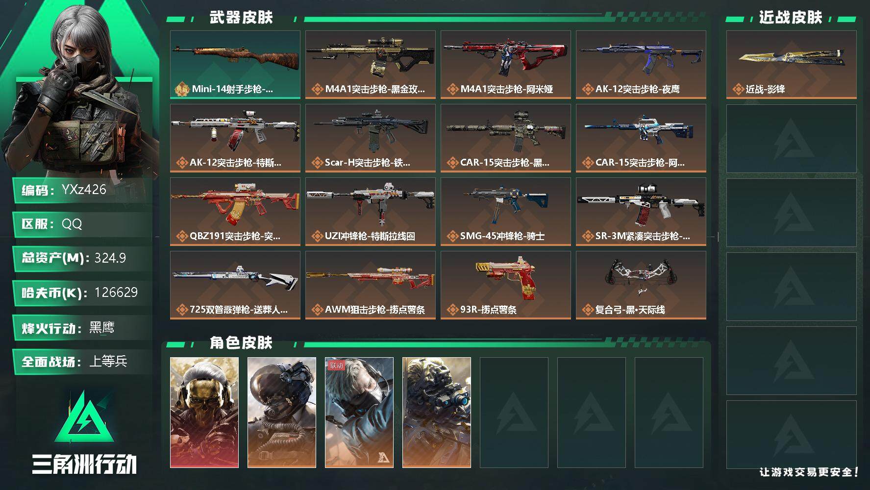 三角洲行动账号QQ【商品标题】：
【干员外观】：红狼-蚀金玫瑰，威龙-壮志凌云，蜂医-送葬人·无题密令，无名-夜鹰
【典藏外观】：Mini-14射手步枪-黄铜
【传说级普通外观】：M4A1突击步枪-蚀金玫瑰，M4A1