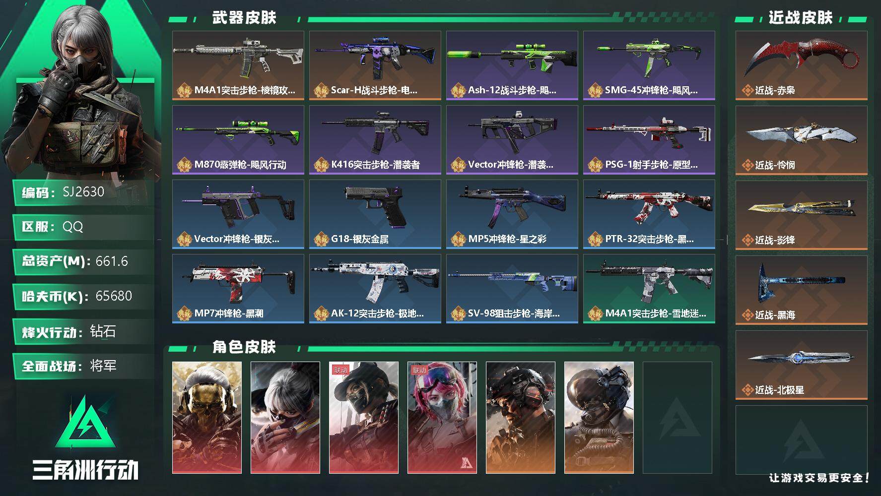 三角洲行动账号QQ【SJ2630】总资产(M)：661.6M/哈夫币(K)：65680K/哈夫币(K)：65680K/传说枪皮数：60/全面战场等级：50_段位：将军/烽火地带等级：60_段位：钻石/红狼-蚀金玫瑰/