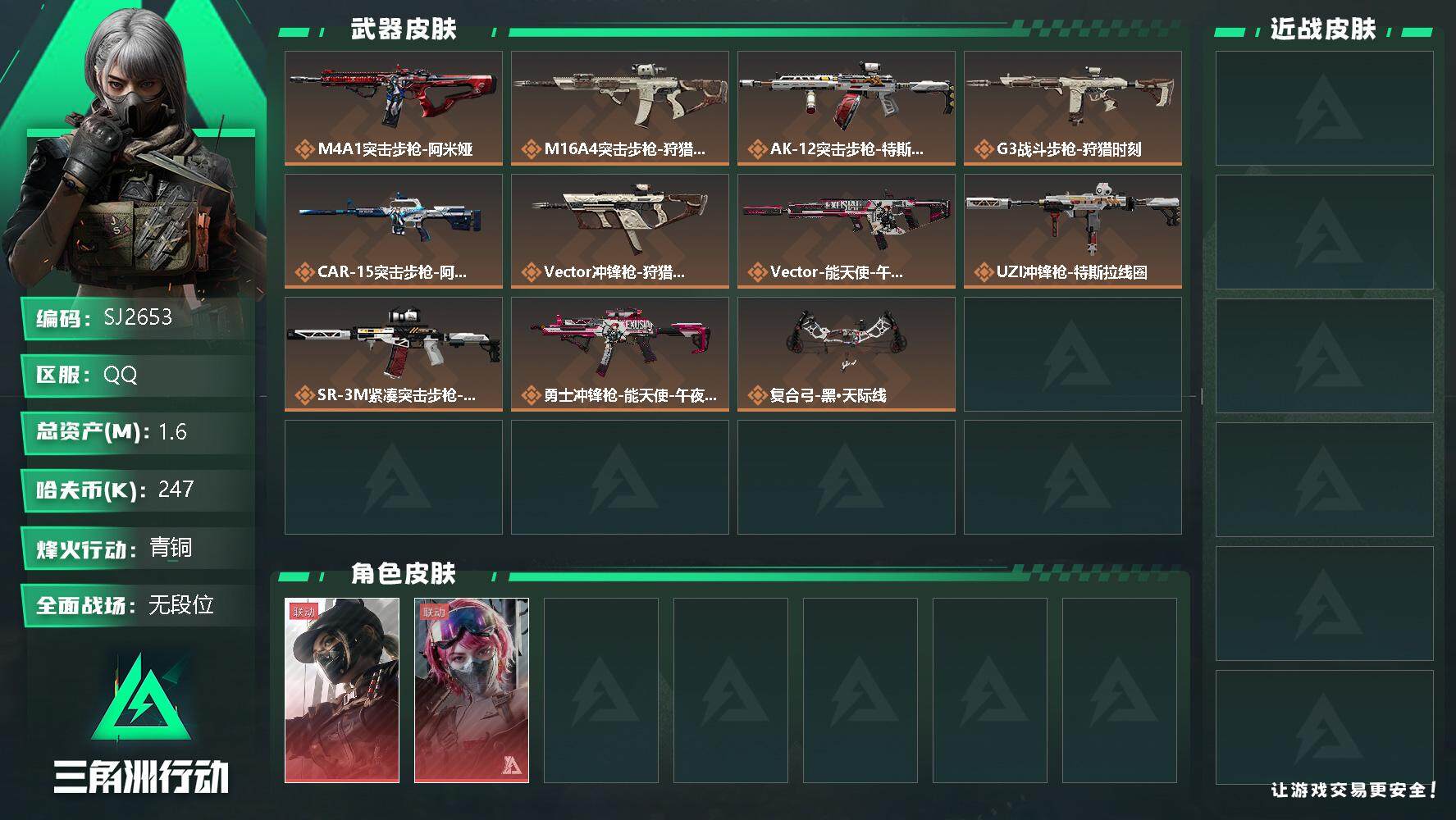 三角洲行动账号QQ【SJ2653】总资产(M)：1.6M/哈夫币(K)：247K/哈夫币(K)：247K/传说枪皮数：11/全面战场等级：1_段位：无段位/烽火地带等级：29_段位：青铜/露娜-黑·天际线/蛊-能天使