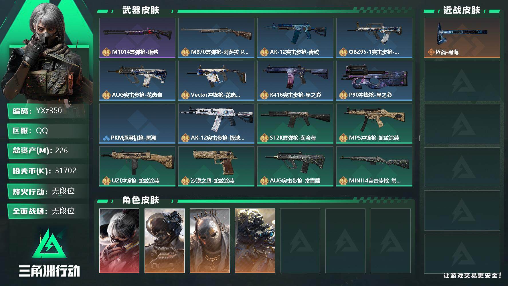 三角洲行动账号QQ【Q区三端互通】【可二次】YXz350-特勤处：仓库9级/训练中心7级/靶场7级-总资产226.7M-哈夫币3170W-烽火等级：60级【勾选了部分账号，详细看图，平台认证商家店铺，保证金商家，安全