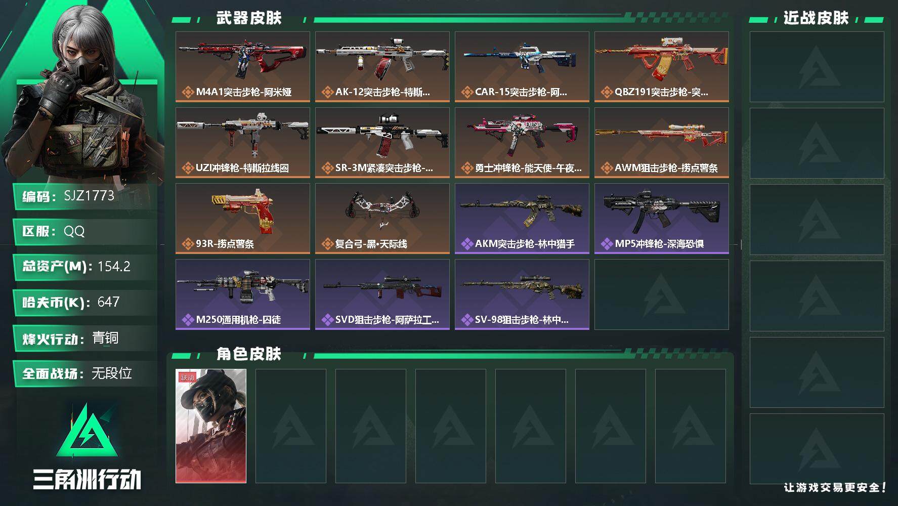 三角洲行动账号QQ【SJZ1773】总资产(M)：154.2M/哈夫币(K)：647K/哈夫币(K)：647K/传说枪皮数：10/烽火地带等级：60_段位：青铜/露娜-黑·天际线/近战-黑鹰/M4A1突击步枪-阿米娅