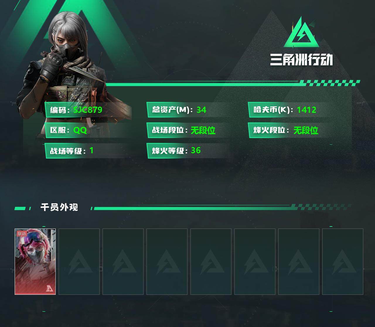 三角洲行动账号QQ【SJC879】总资产(M)：34.6M/哈夫币(K)：1412K/哈夫币(K)：1412K/全面战场等级：1_段位：无段位/烽火地带等级：36_段位：无段位/蛊-能天使午夜邮差